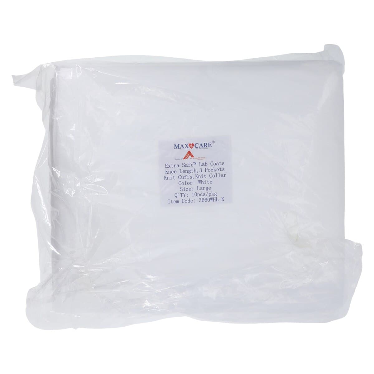 Extra-Safe White Knit Collar Lab Coat, Large, Latex-Free, Fluid Resistant, AAMI Level 3, 10/Pack, 3660WHL-K thumbnail 3