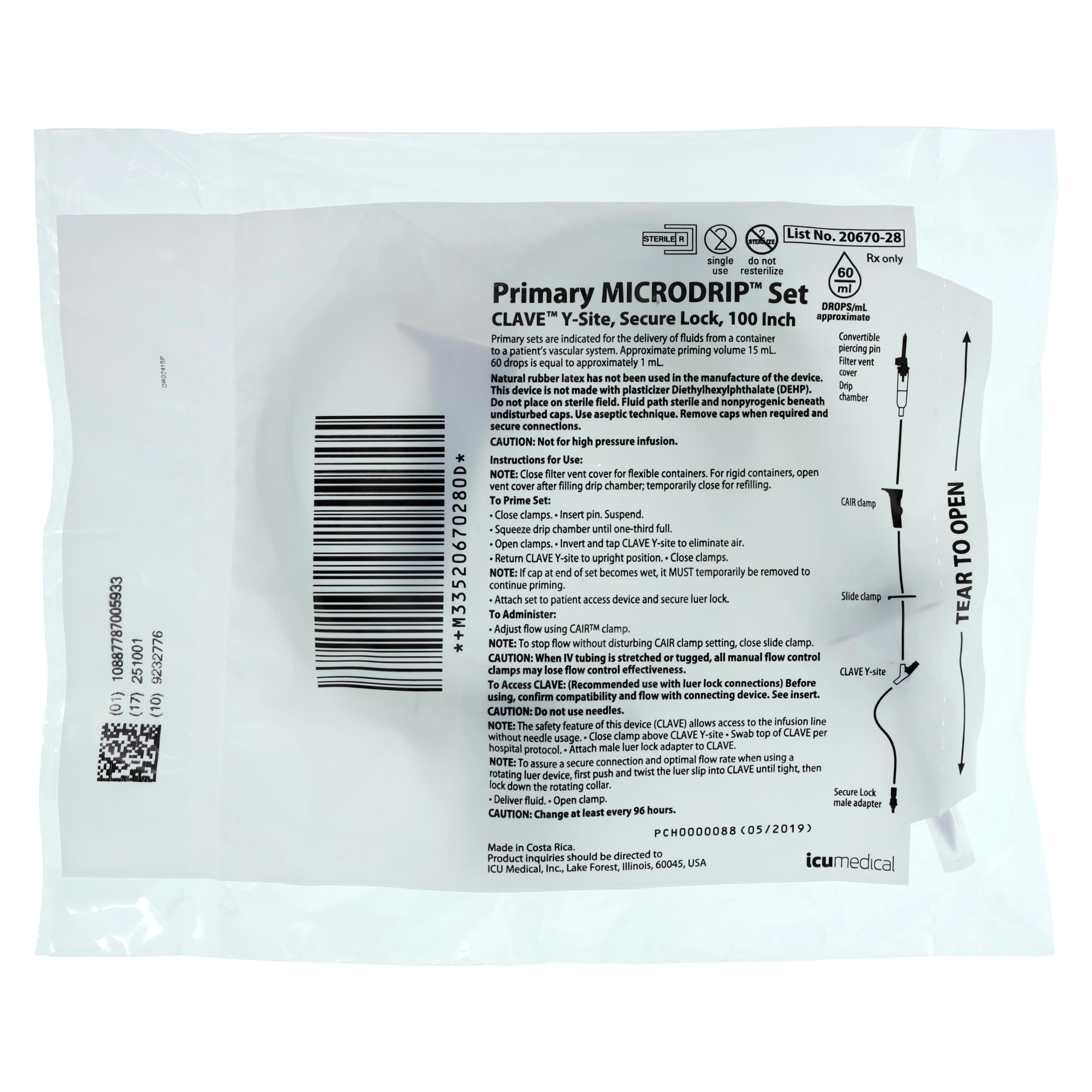 ICU Medical Lifeshield Primary IV Set Microdrip, Y-Injection Site, 60 Drops/mL, 100" Tubing, Option-Lok Male Adapter, Non-DEHP, Non-Sterile, Each - Primary IV Set Microdrip - Image 1