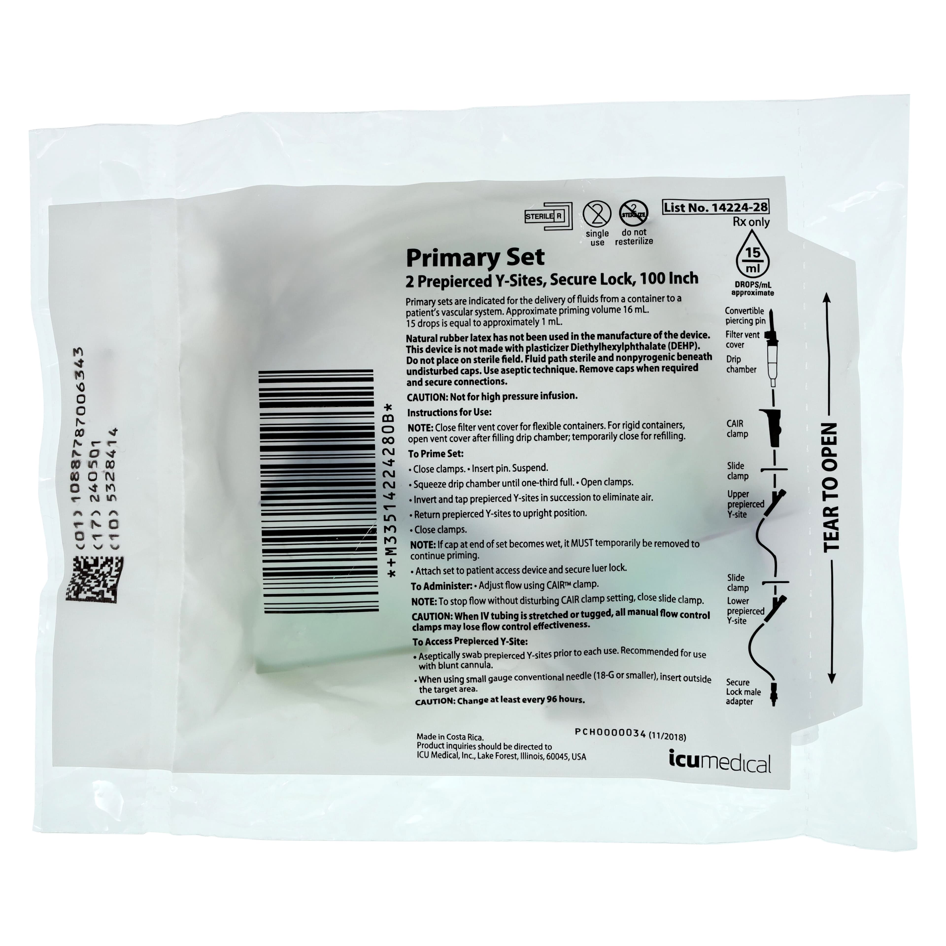 ICU Medical Lifeshield IV Administration Set, Prepierced 2 Y-Injection Sites, 100" (254 cm), 15 Drops/mL, Priming Volume 16 mL, Non-DEHP, Each thumbnail 3
