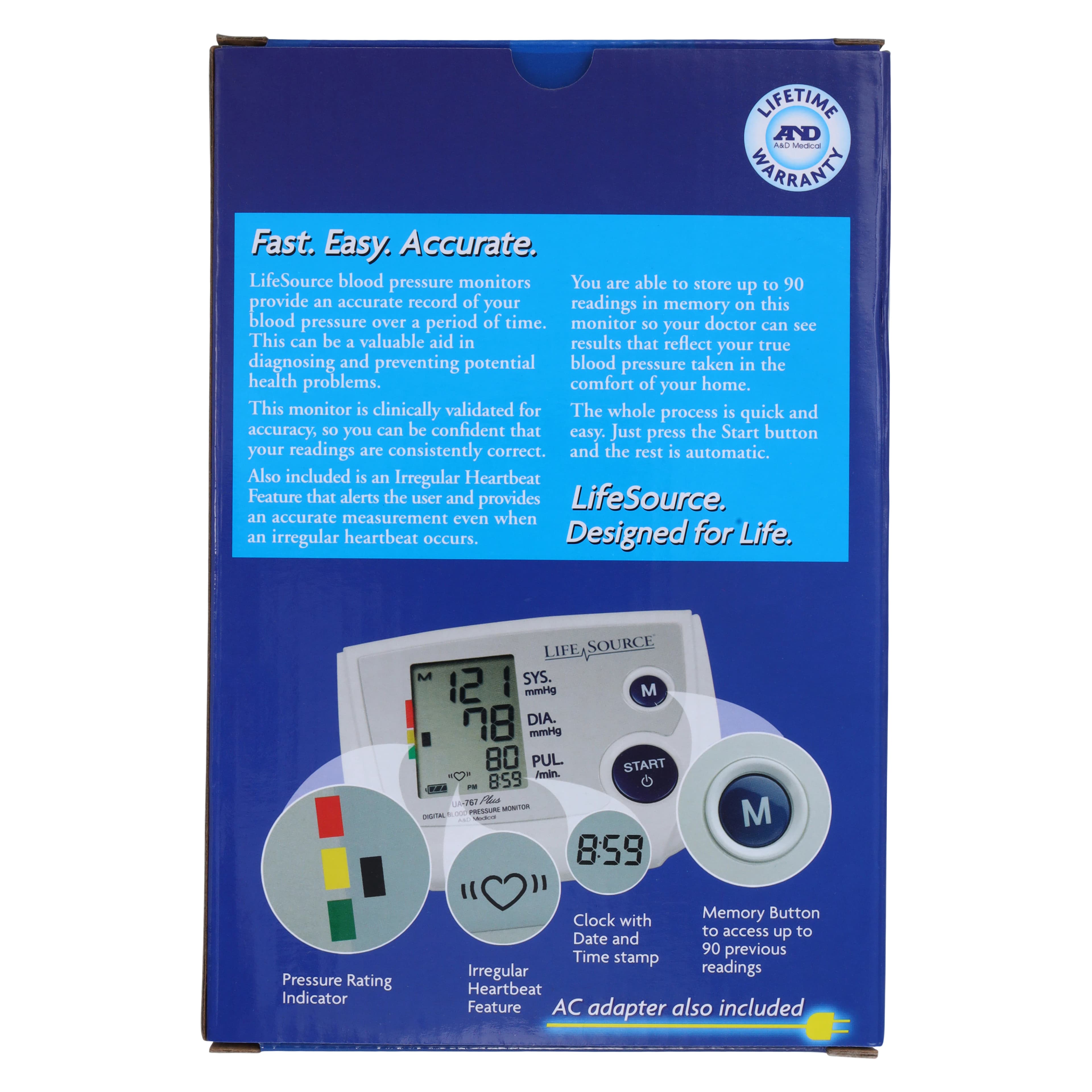 LifeSource Pro Digital Blood Pressure Monitor with AC Adapter, Blue/White, Arm Cuff, Digital Display, UA-767 thumbnail 11