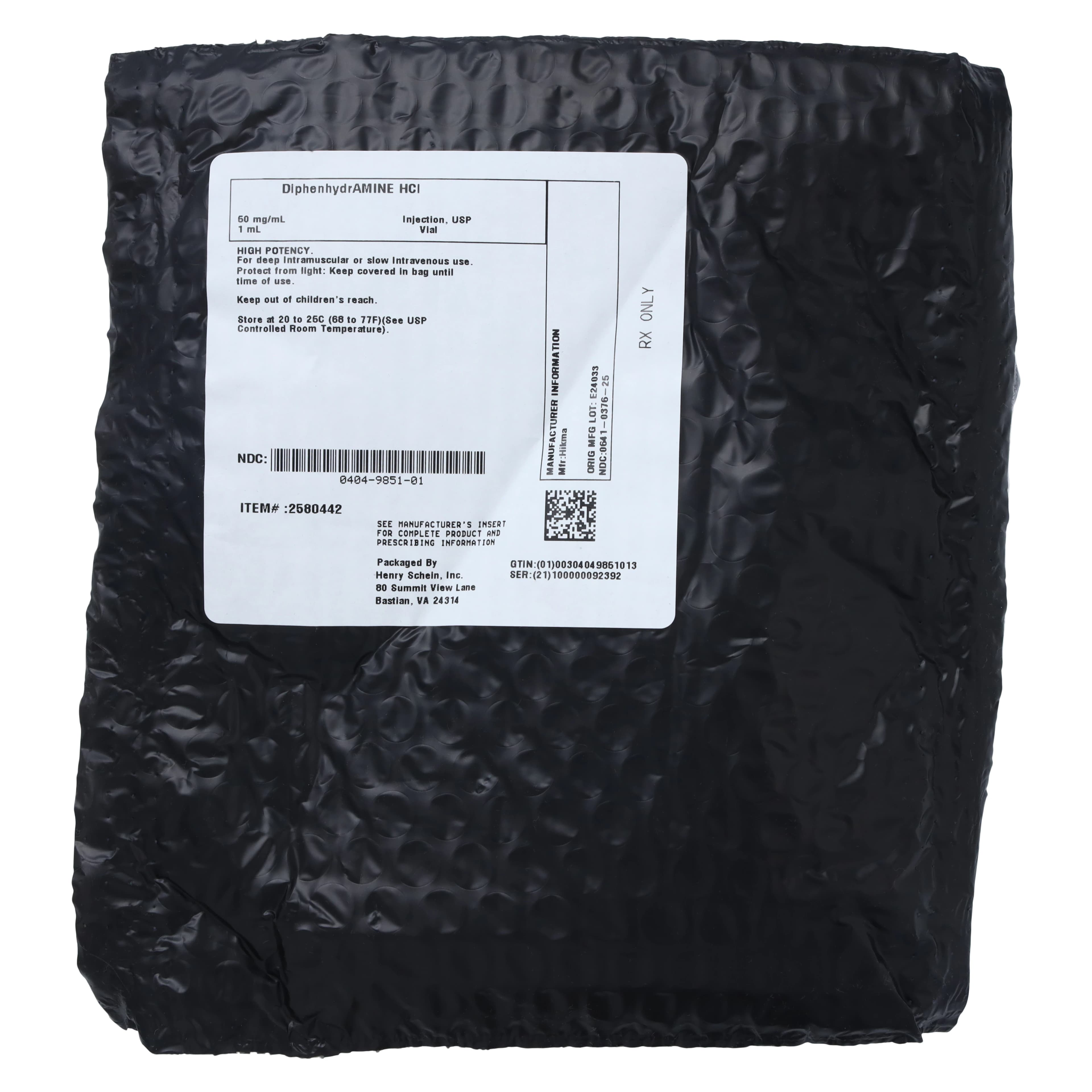 Diphenhydramine Injection 50mg/mL, Single Dose Vial (SDV), 1mL, Non-Returnable, Hikma Pharmaceuticals thumbnail 3