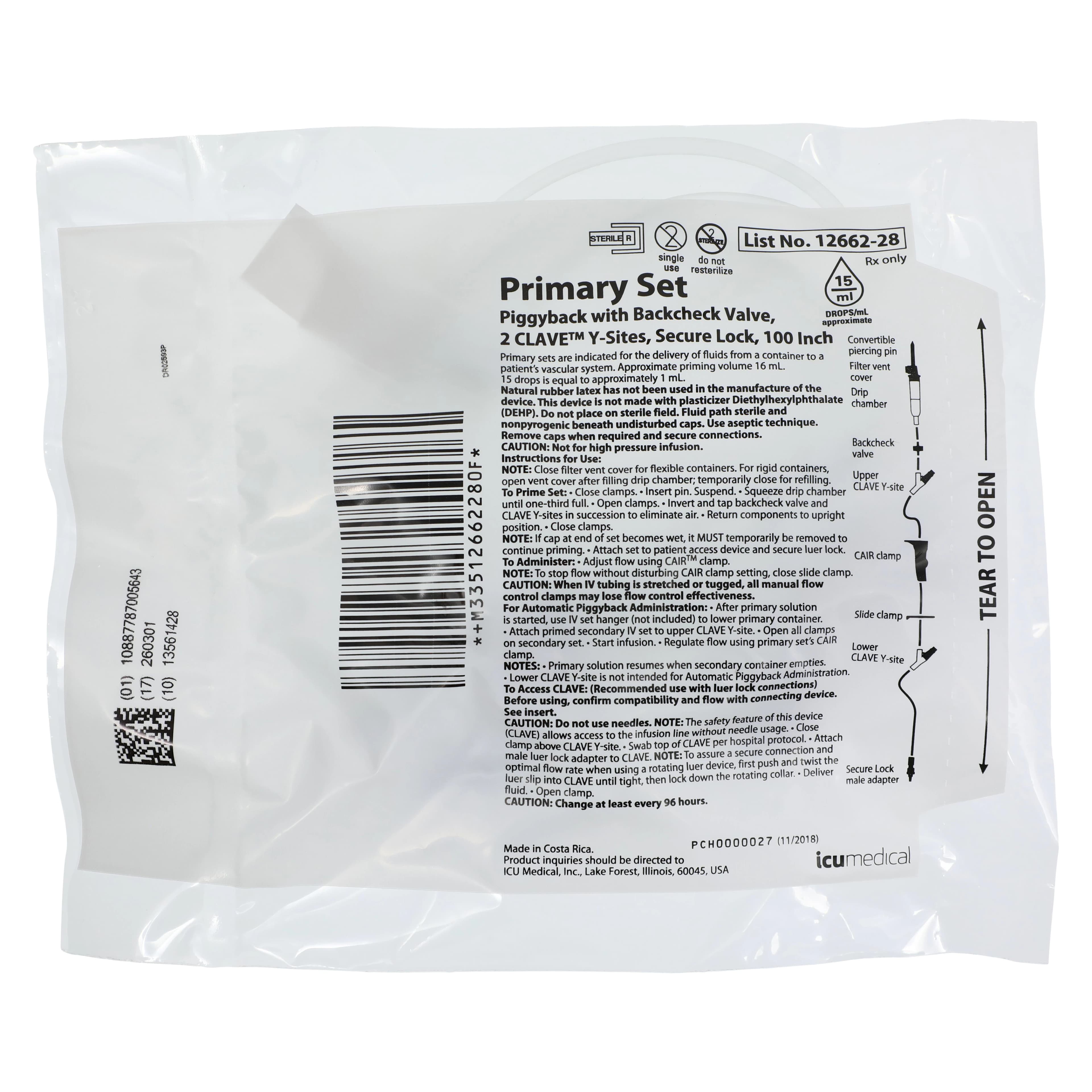 LifeShield Primary Piggyback IV Administration Set with 2 Y-Injection Sites, 15 Drops/mL, 100" Tubing, 48/Case, 1266228 thumbnail 3