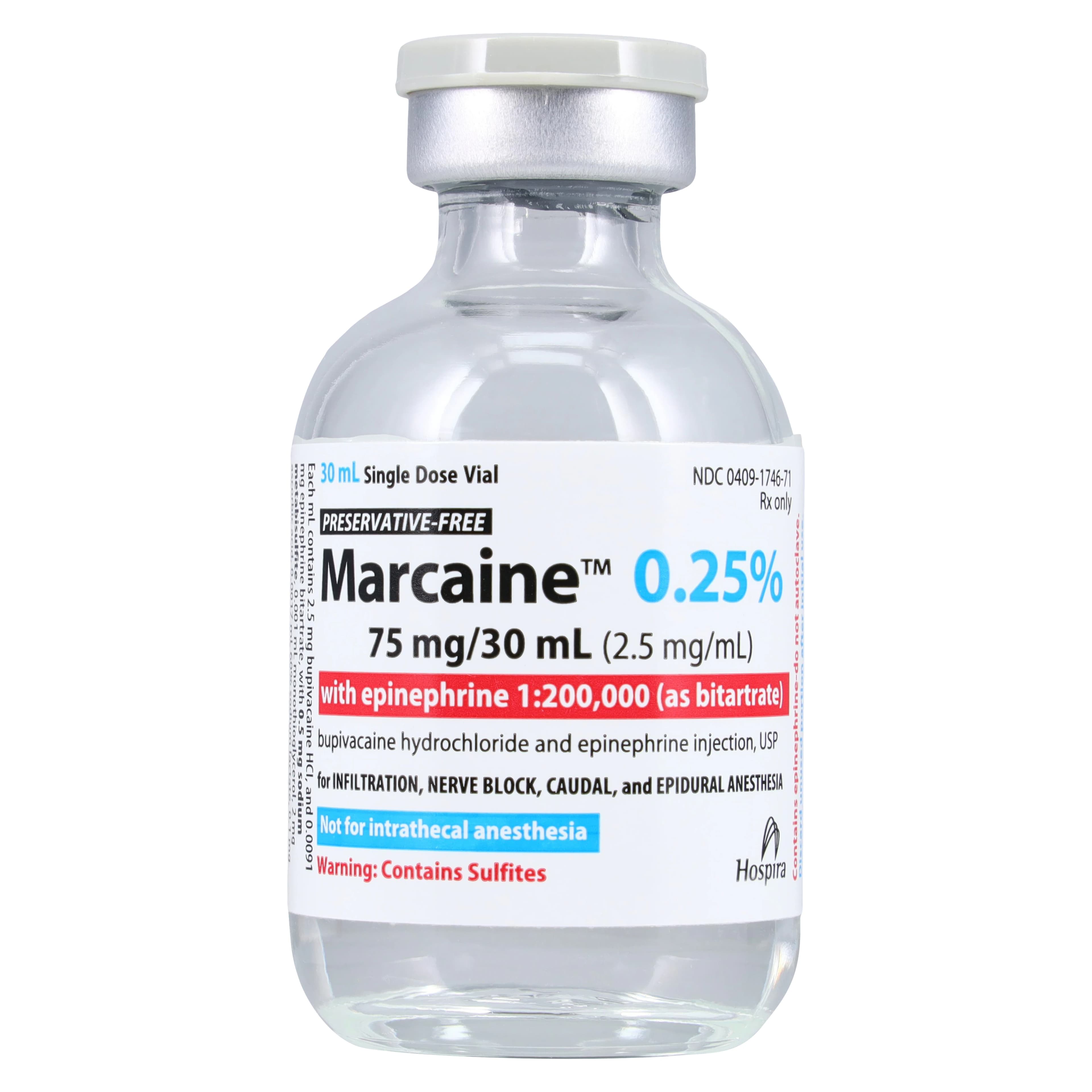 Marcaine (Bupivacaine HCl) with Epinephrine Injection, 0.25% with 1:200,000 Epinephrine, Preservative-Free, Single-Dose Vial, 30 mL, 10/Package thumbnail 3