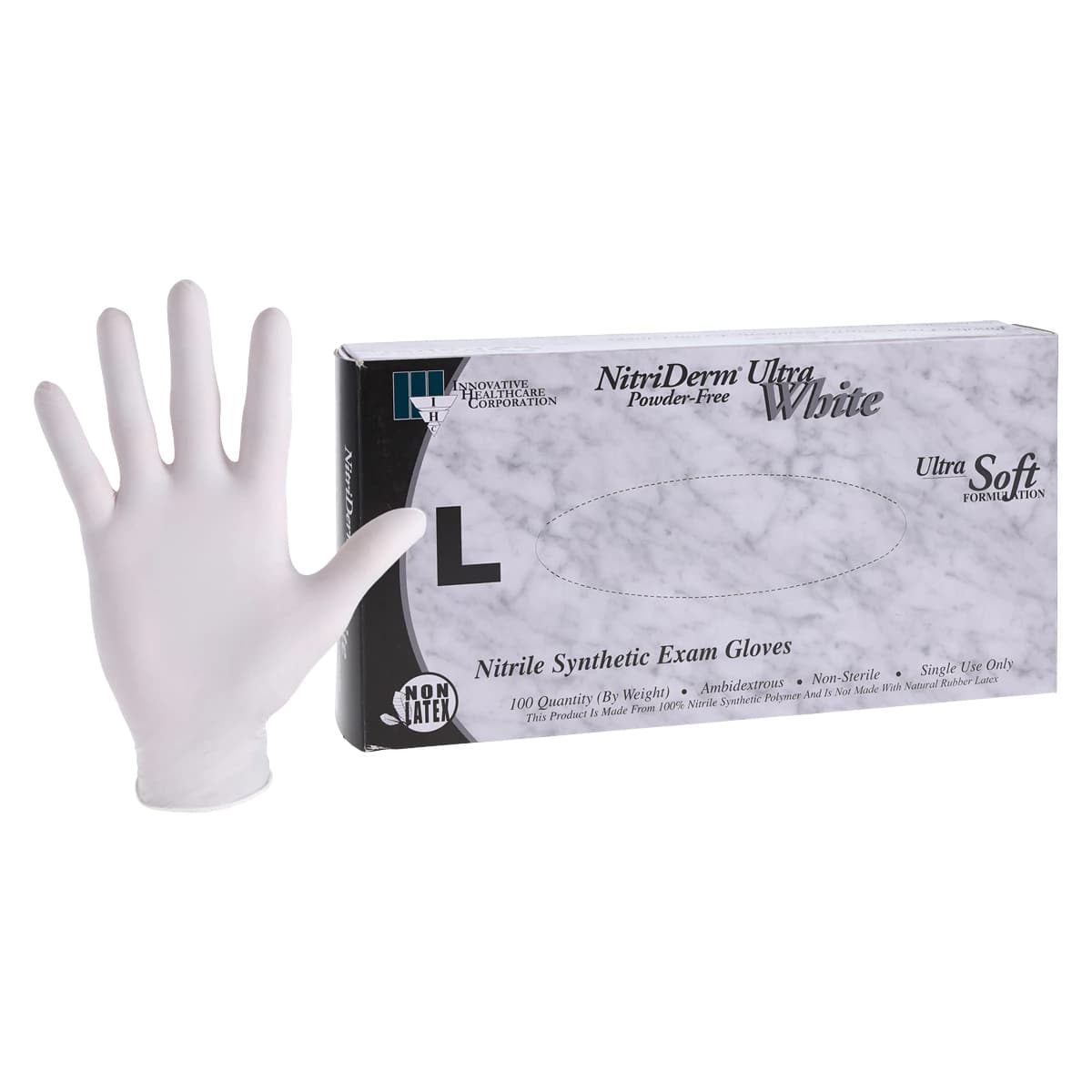Innovative NitriDerm Ultra White Nitrile Examination Gloves, Powder Free, Non-Sterile, Large, 100/Box - Innovative NitriDerm LRG Nitrile PF Txt Glove (100 - Image 1