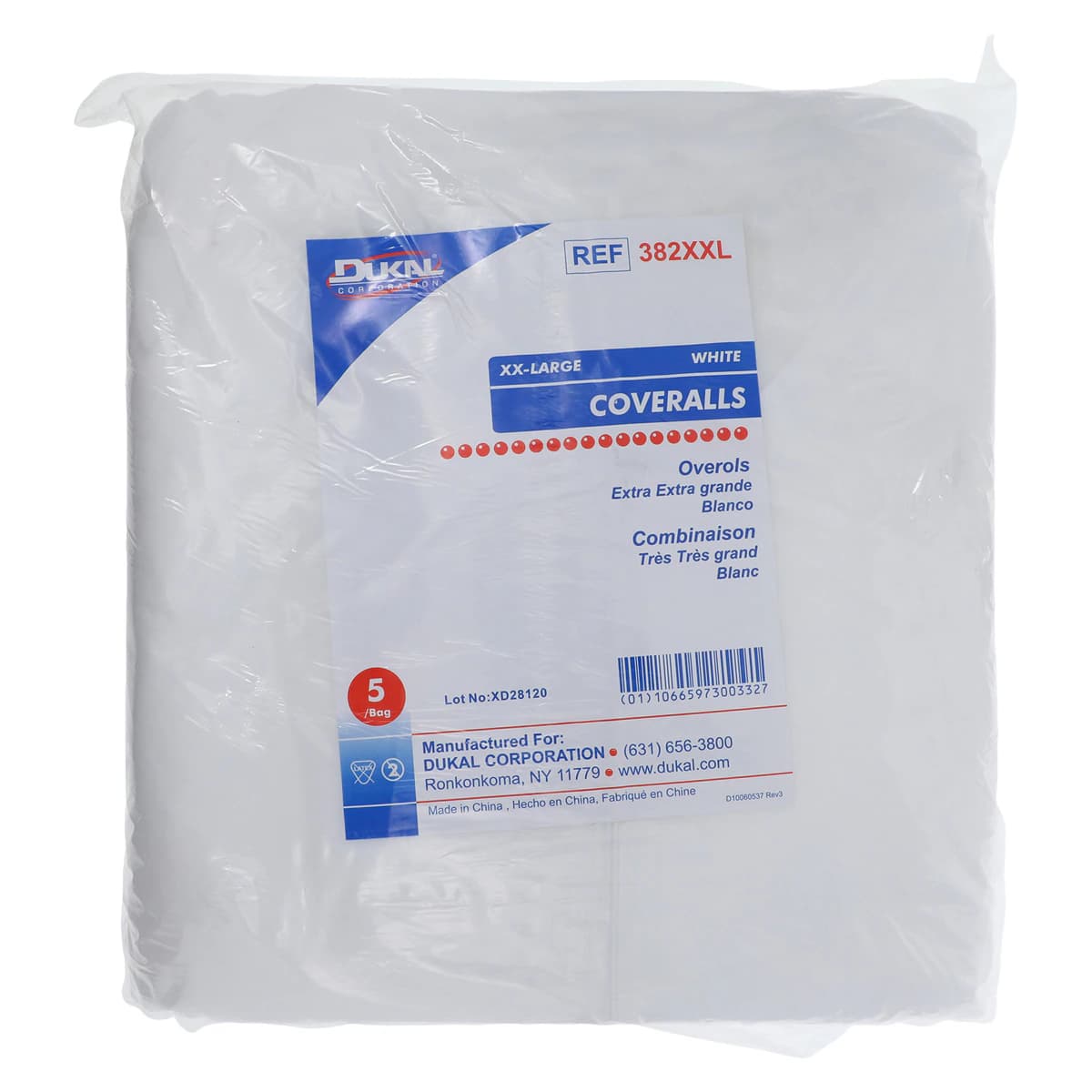 Dukal Disposable Staff Coveralls, Spunbonded Polypropylene, 2X Large, White, Long Sleeves, Latex-Free, 5/Bag thumbnail 7