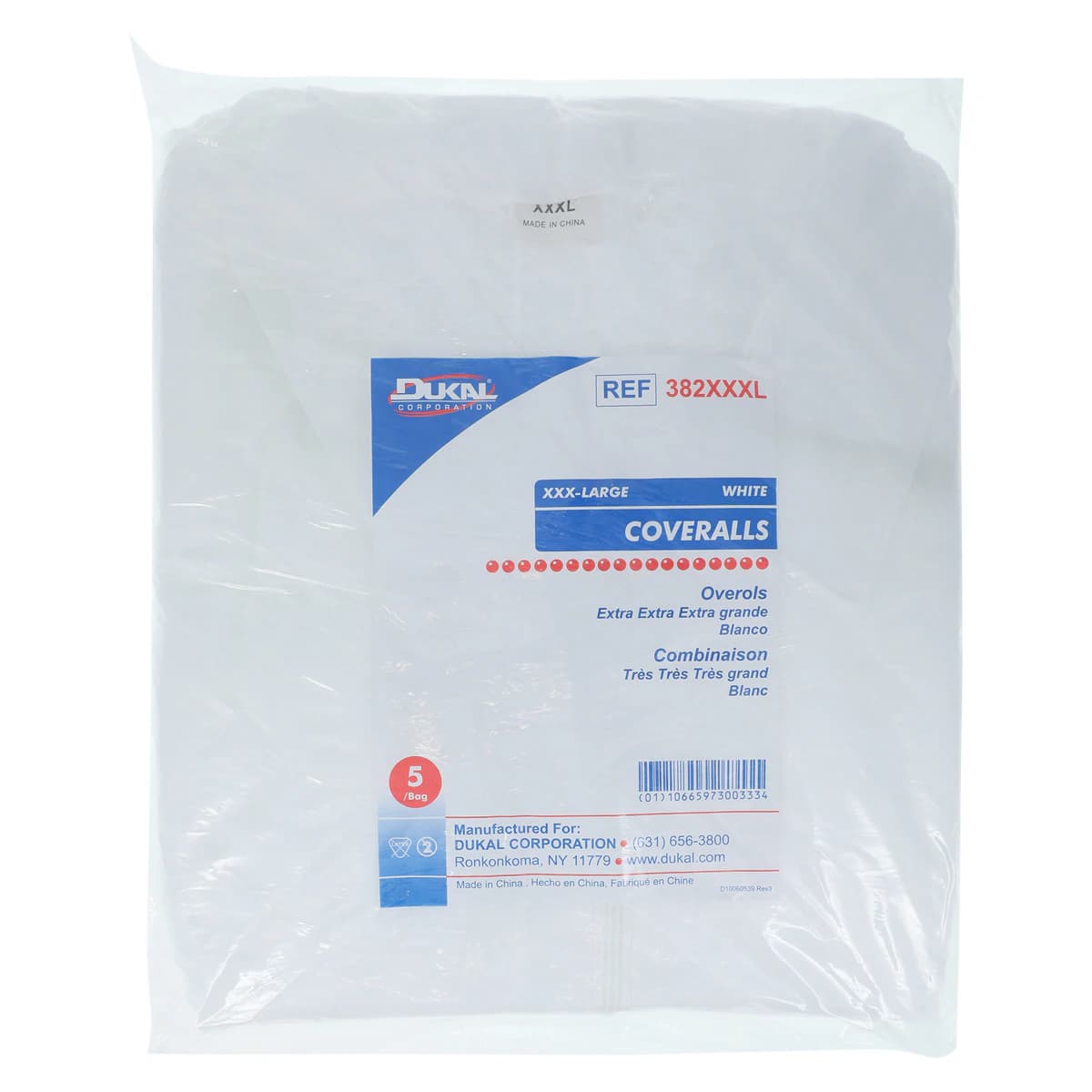 Dukal Disposable Staff Coverall, Spunbonded Polypropylene, 3X-Large, White, Long Sleeves, 5/Bag thumbnail 7