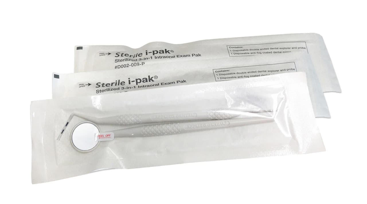 Sterile i-Pak Intraoral Exam Pack, 3-in-1 Disposable Dental Mirror, Probe & Explorer, 50/Box, D002-009-P - Sterile i-Pak Intraoral Exam Packs 50/Box - Image 1