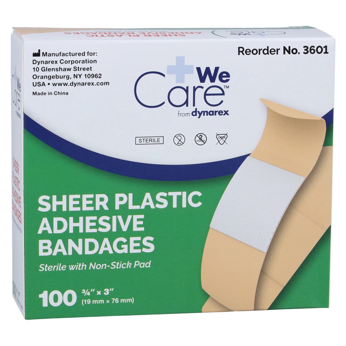 Dynarex DynaSafety Adhesive Bandage, Plastic, Sheer, Sterile, 3/4" x 3", 100/Box - Bandage Adhsv Sheer Strip - Image 1