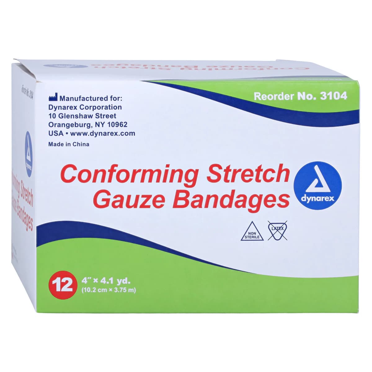 Dynarex Conforming Stretch Gauze Bandage Roll, 4" x 4.1 yd, 1-Ply, Non-Sterile, 12/Box, #3104 - Bandage Confrm Strch NS - Image 1