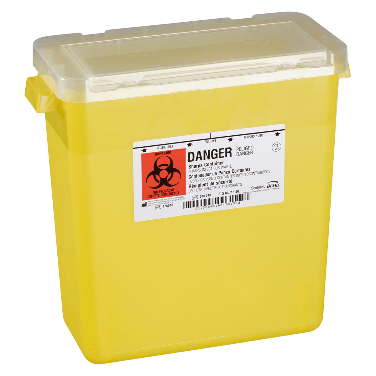 Sentinel Chemo Sharps Container, 3 Gallon, Translucent Yellow, Horizontal Drop, 13-7/8 x 6-7/8 x 13-1/2 in, Autoclavable, 12/Case - Sharps Cont Chemo Horizontal - Image 1