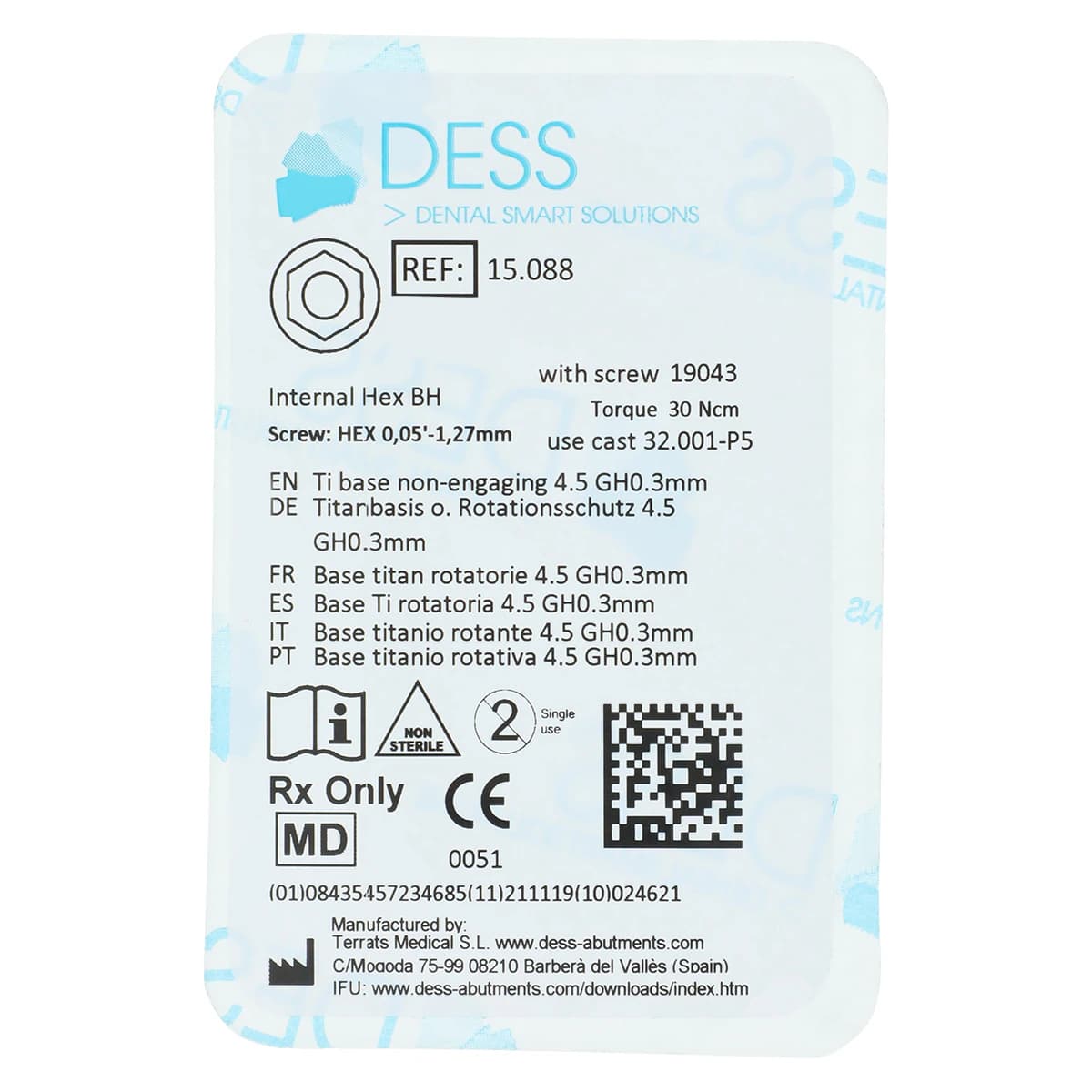 TiBase Non-Engaging 4.5, 0.3mm Gingival Height, Internal Hex BioHorizons, Each - TiBase NEng BioH 4.5 0.3mm - Image 1