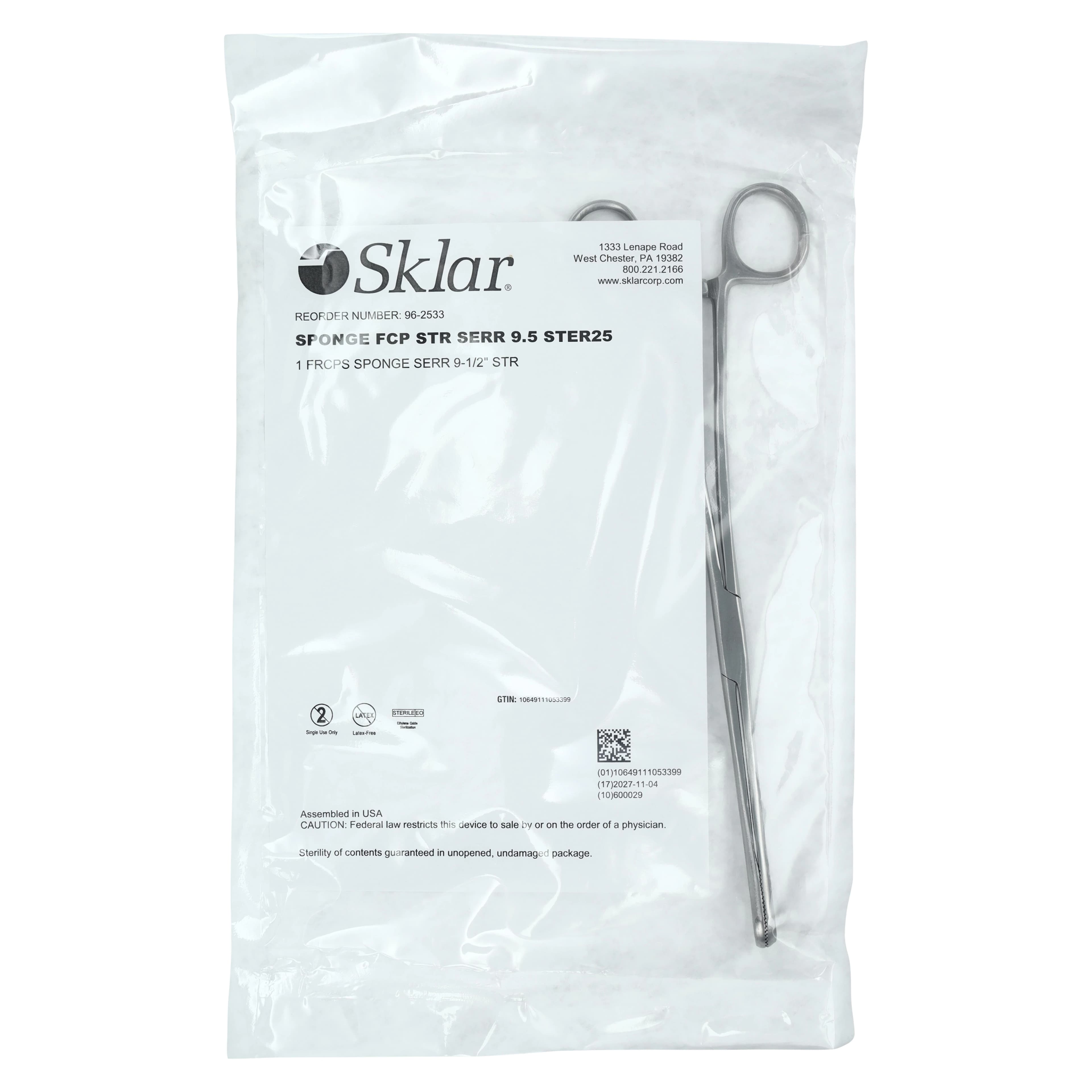 Sklar Instruments Econo Foerster Sponge Forcep, Straight, 9-1/2", Stainless Steel, Sterile, 25/Case - Forcep Sponge Sterile - Image 1