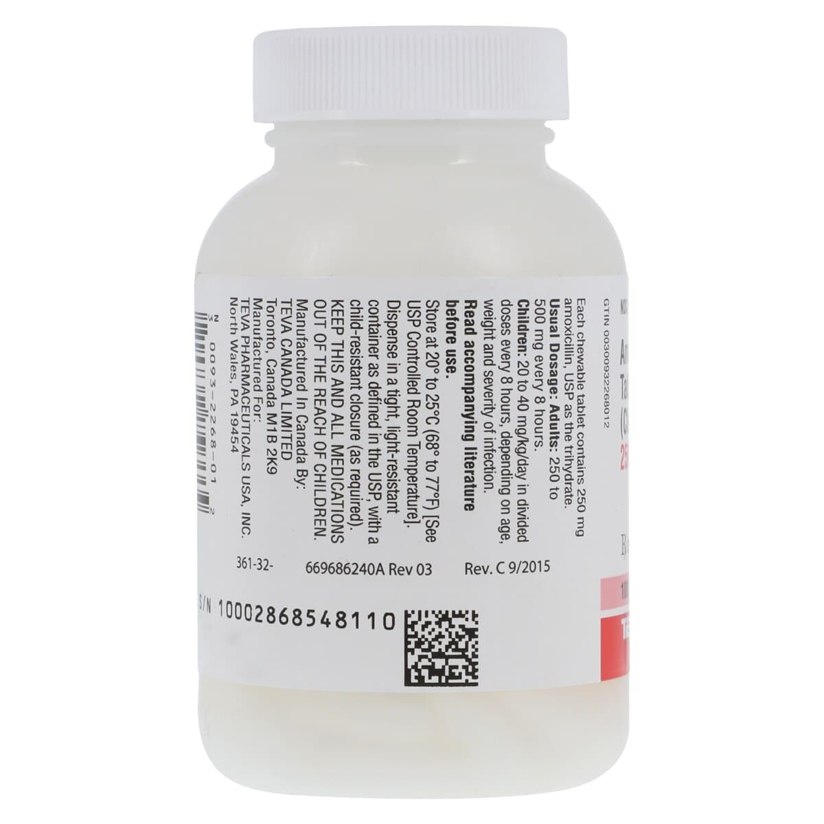 Amoxicillin Chewable Tablets, 250mg, 100/Bottle, Teva Pharmaceuticals thumbnail 2