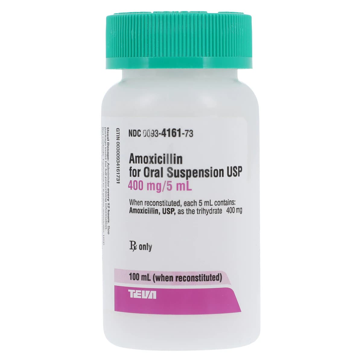 Amoxicillin Oral Suspension 400mg/5mL, Fruit Gum Flavor, 100mL Bottle, Teva Pharmaceuticals - Amoxicillin Susp Bid - Image 1