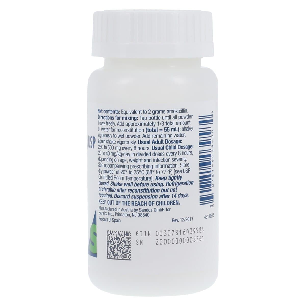 Amoxicillin Oral Suspension 125mg/5mL, Fruity Flavor, 80mL Bottle, Sandoz thumbnail 2