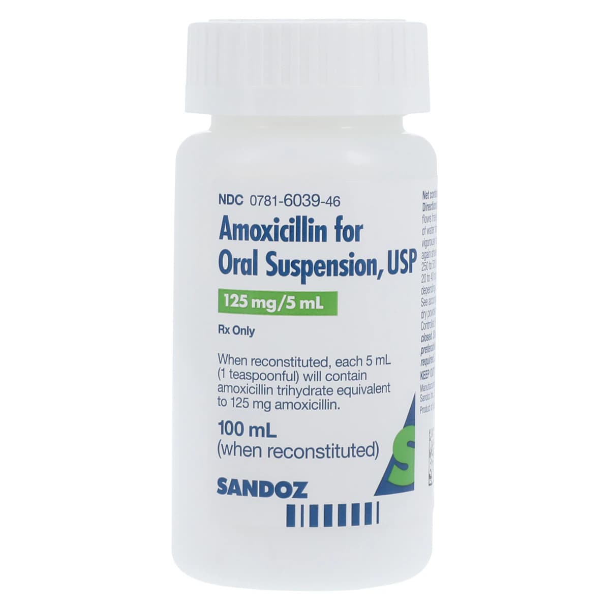 Amoxicillin Oral Suspension 125mg/5mL, Fruity Flavor, 100mL Bottle, Sandoz - Amoxicillin Suspension - Image 1