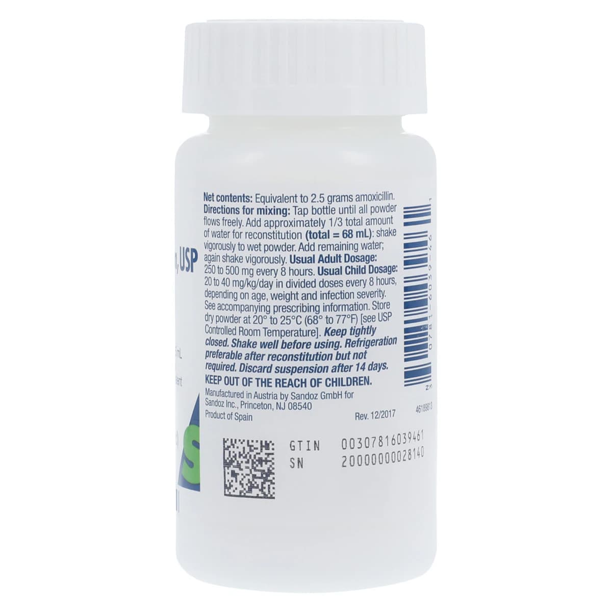 Amoxicillin Oral Suspension 125mg/5mL, Fruity Flavor, 100mL Bottle, Sandoz thumbnail 2