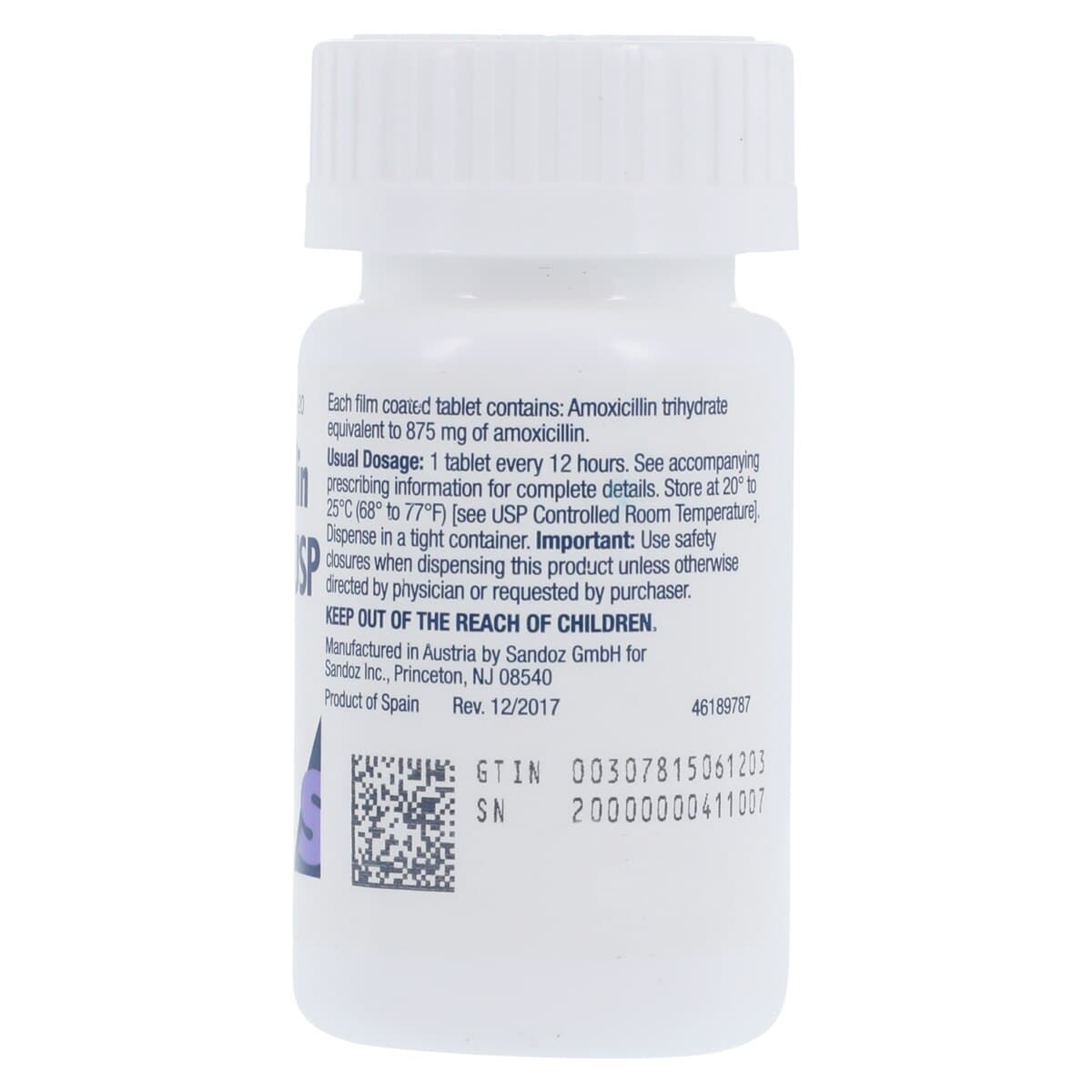 Amoxicillin Bid Tablet, 875mg, 20/Bottle, Sandoz thumbnail 2