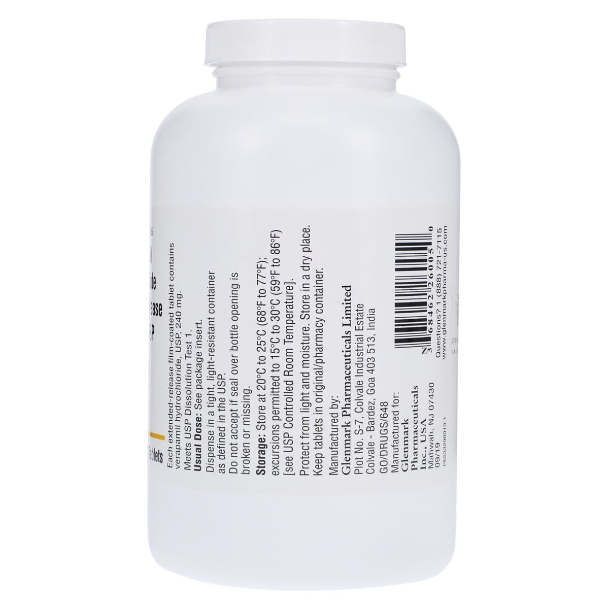 Verapamil HCl Extended-Release Tablets 240 mg, 500 Count Bottle (Glenmark Pharmaceuticals) thumbnail 2