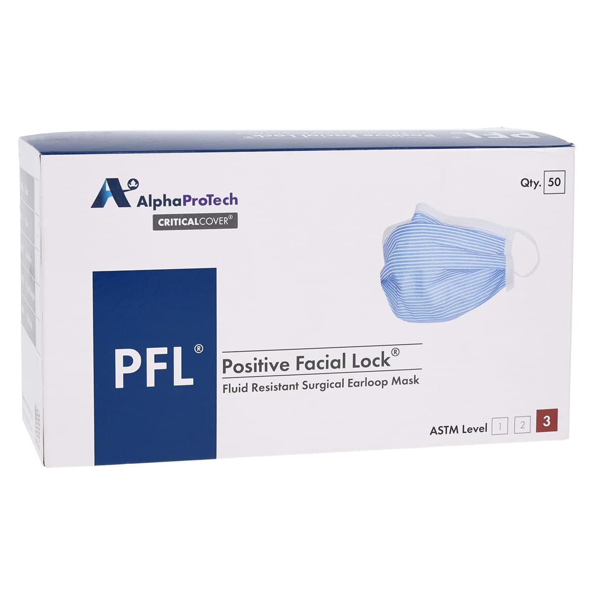 Alpha Protech Critical Cover PFL Earloop Face Masks, ASTM Level 3, Blue, 50/Box, 615 thumbnail 4
