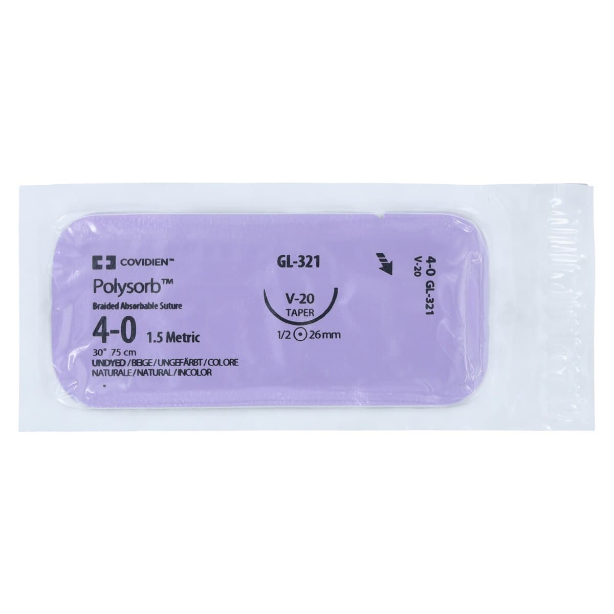 Medtronic Polysorb Absorbable Suture, 4-0, 30", V-20 Taper Point 1/2 Circle Needle 26mm, Undyed, 36/Case thumbnail 3