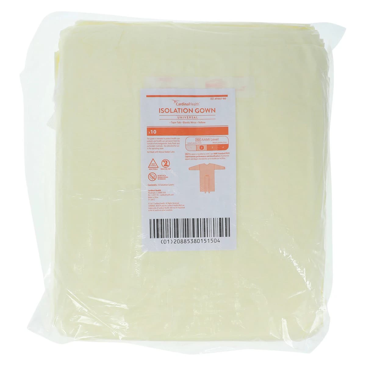 Cardinal Isolation Gown, AAMI Level 2, SMS, Yellow, Universal Adult Size, 10/Package thumbnail 6