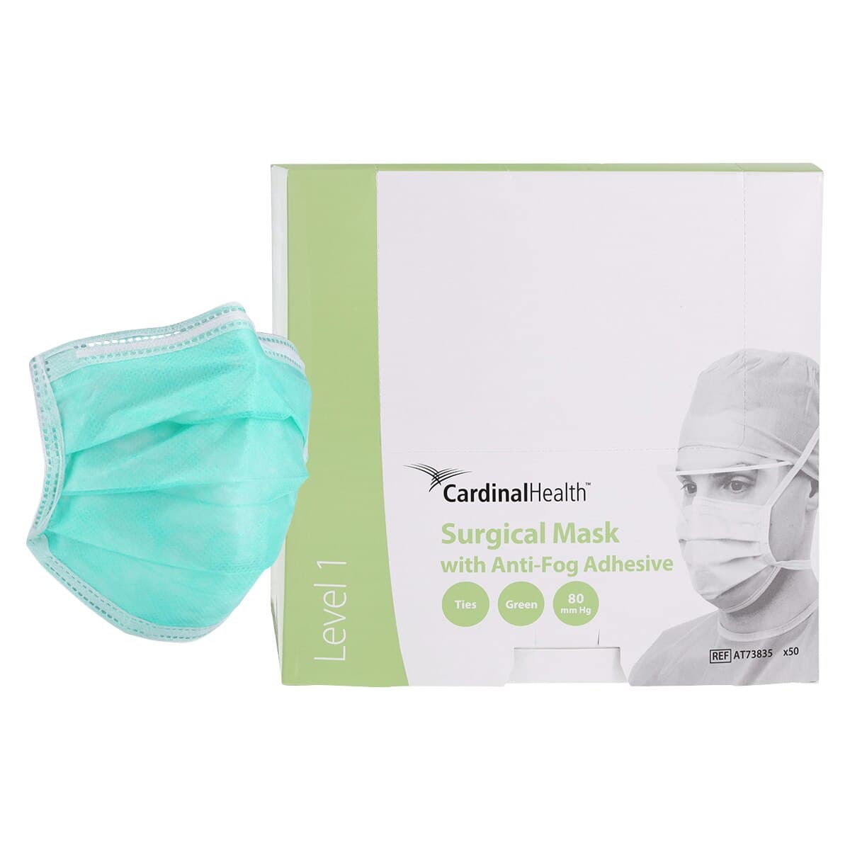 Cardinal Secure-Gard Tie On Surgical Mask, Anti-Fog, ASTM Level 1, Green, 50/Box thumbnail 2