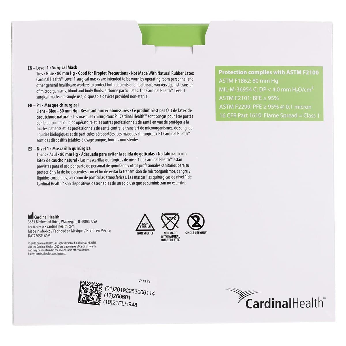 Cardinal Secure-Gard Surgical Mask, ASTM Level 1, Blue, Disposable, Tie-On, Latex-Free, 50/Box thumbnail 5