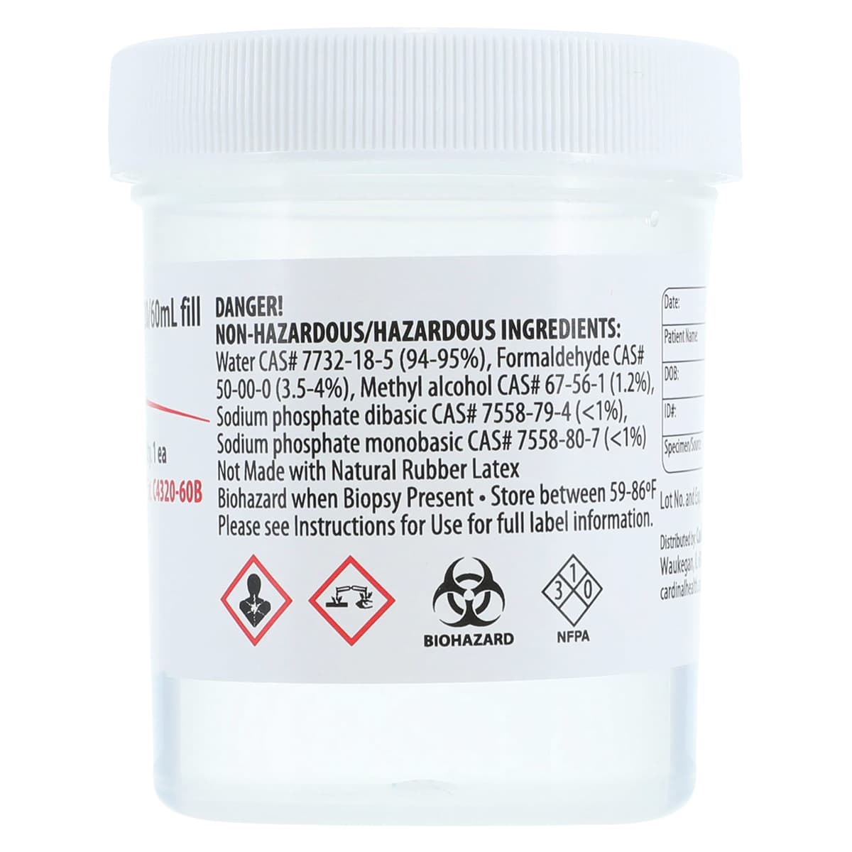 Cardinal Health Specimen Container, 10% Neutral Buffered Formalin, 60 mL, Wide Mouth, Clear, 50/Case thumbnail 2