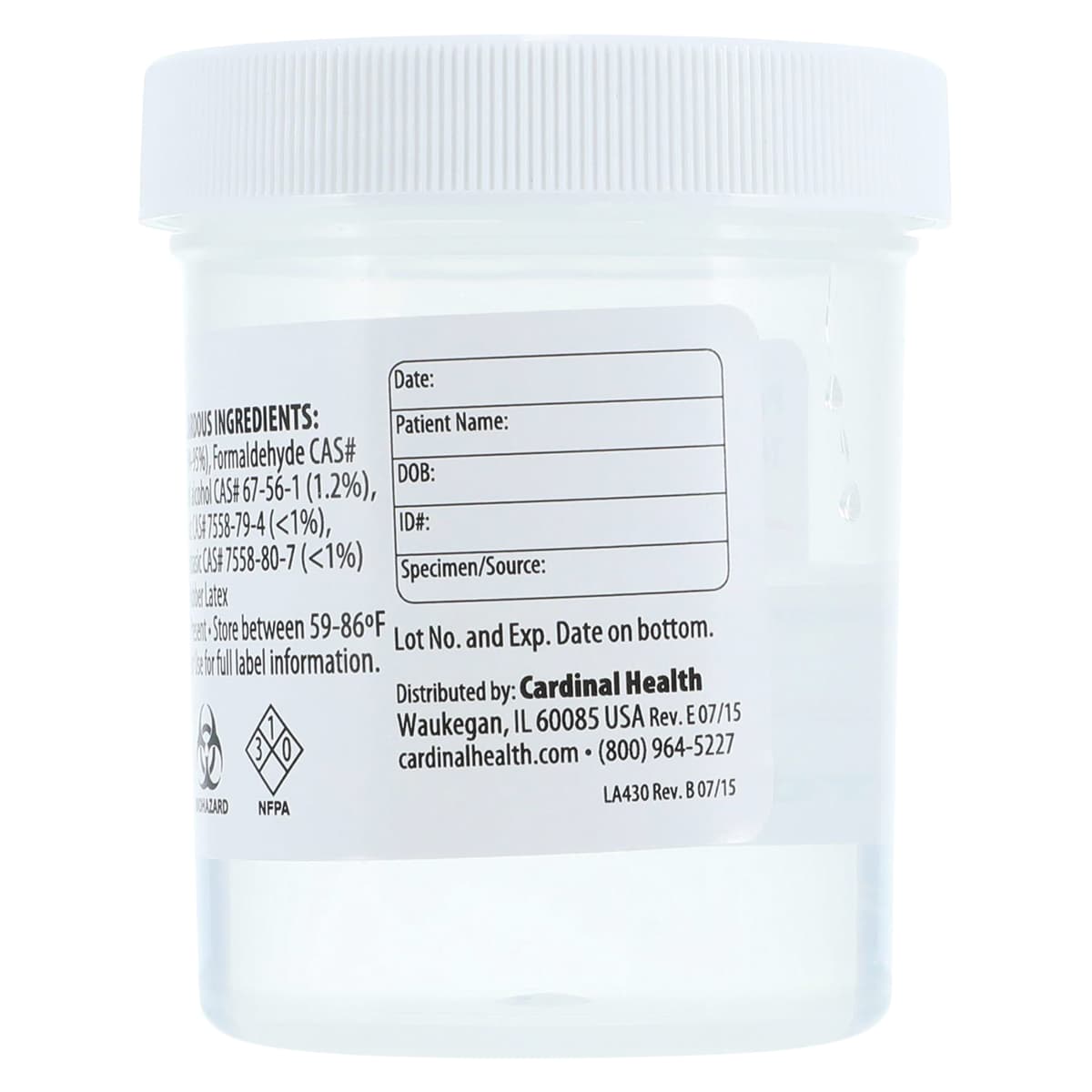 Cardinal Health Specimen Container, 10% Neutral Buffered Formalin, 60 mL, Wide Mouth, Clear, 50/Case thumbnail 3