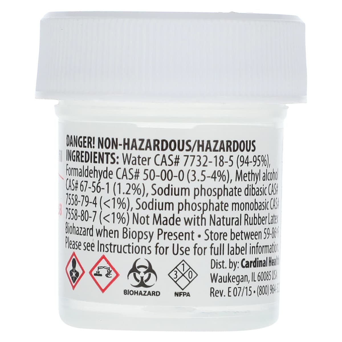 Cardinal Health Specimen Container, Prefilled with 10% Neutral Buffered Formalin, 7.5 mL, Polypropylene, Wide Mouth, Clear, 100/Case thumbnail 2