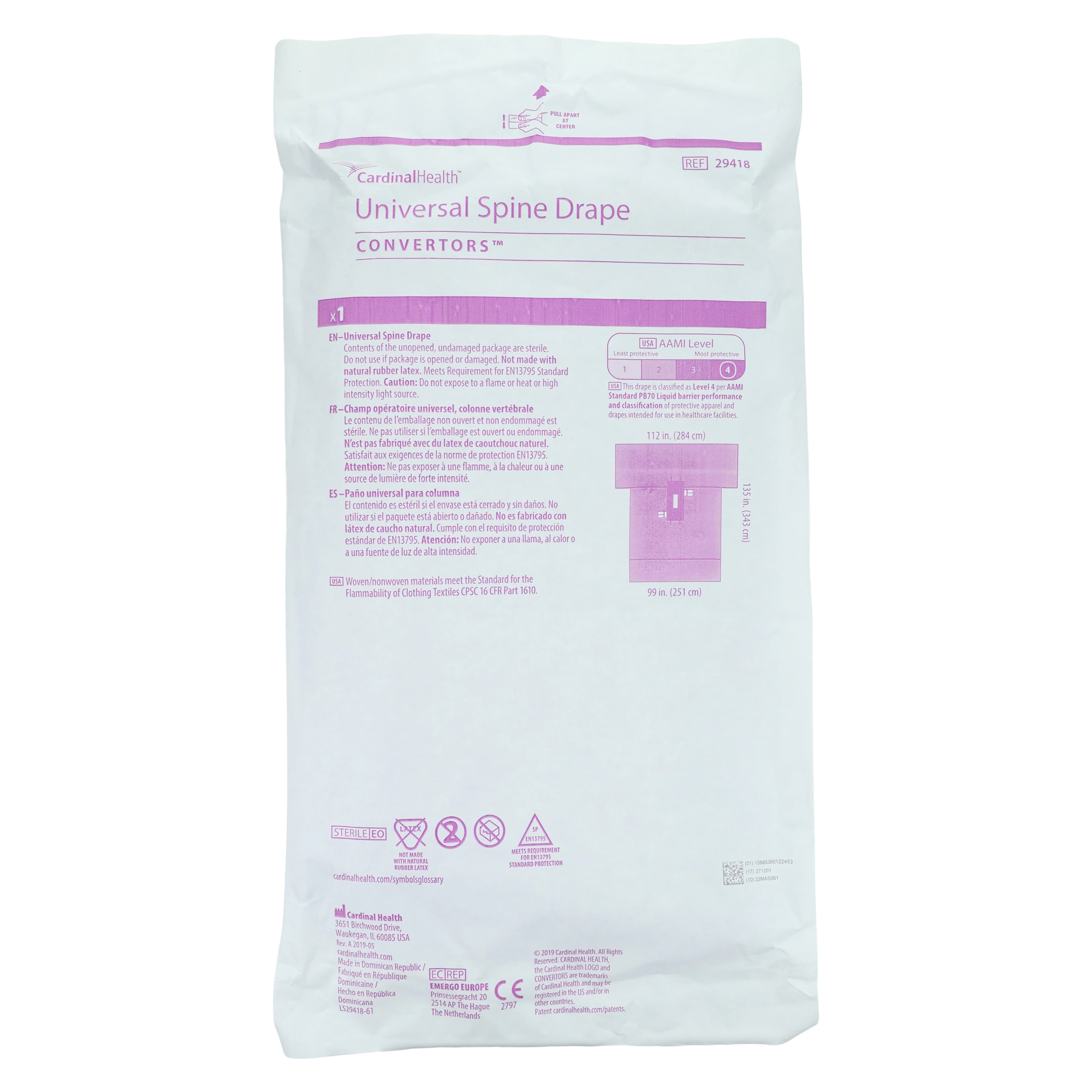 Convertors Tiburon Sterile Surgical Drape, Universal Spine, 112x135x99", 4x12" Fenestrated - Drape Universal Spine Sterile - Image 1