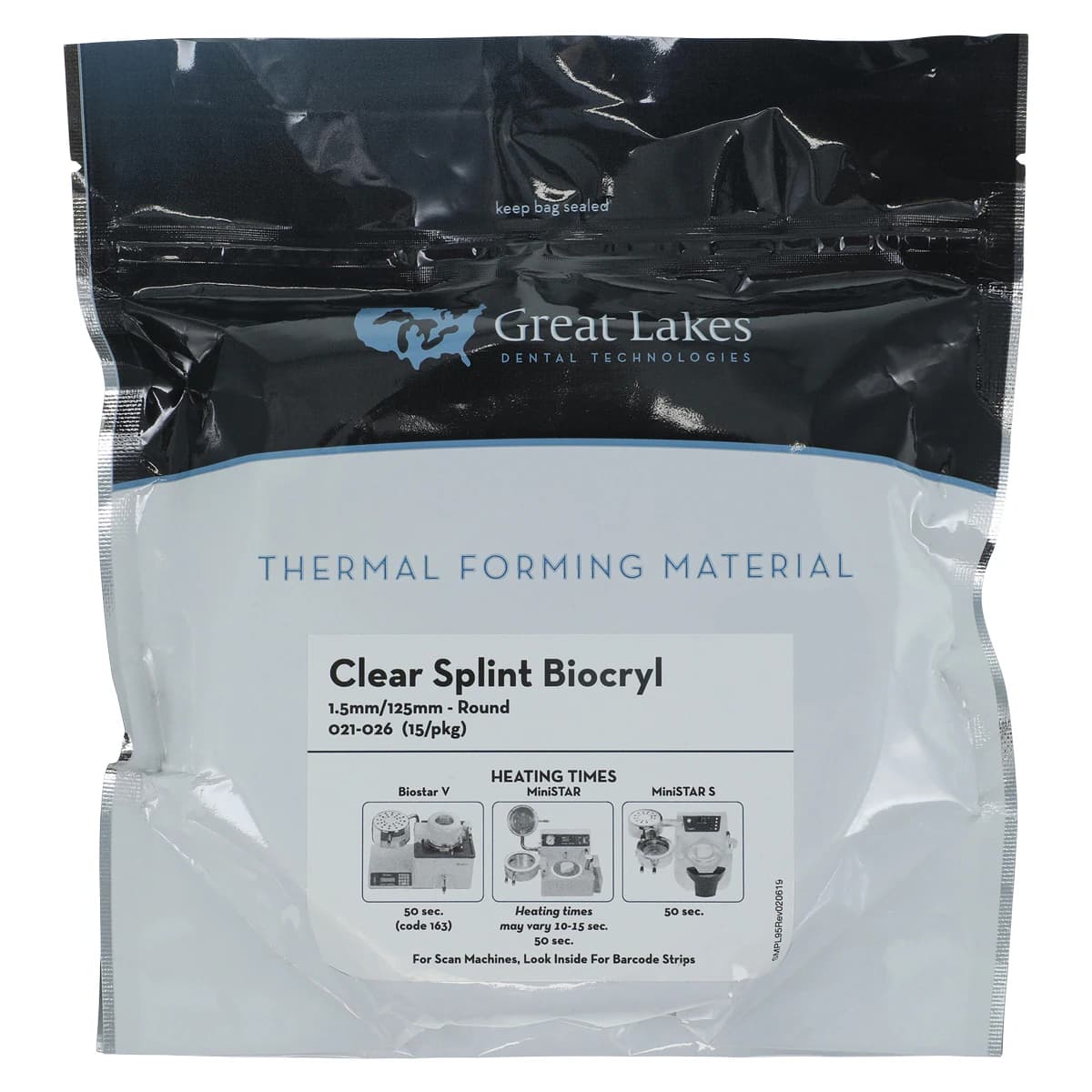 Great Lakes Splint Biocryl Clear Round Vacuum-Forming Sheets, 1.5mm (0.060") x 125mm, Pack of 15 - Clear Splint Biocryl 1.5mm/125mm Round Pack of 15 - Image 1