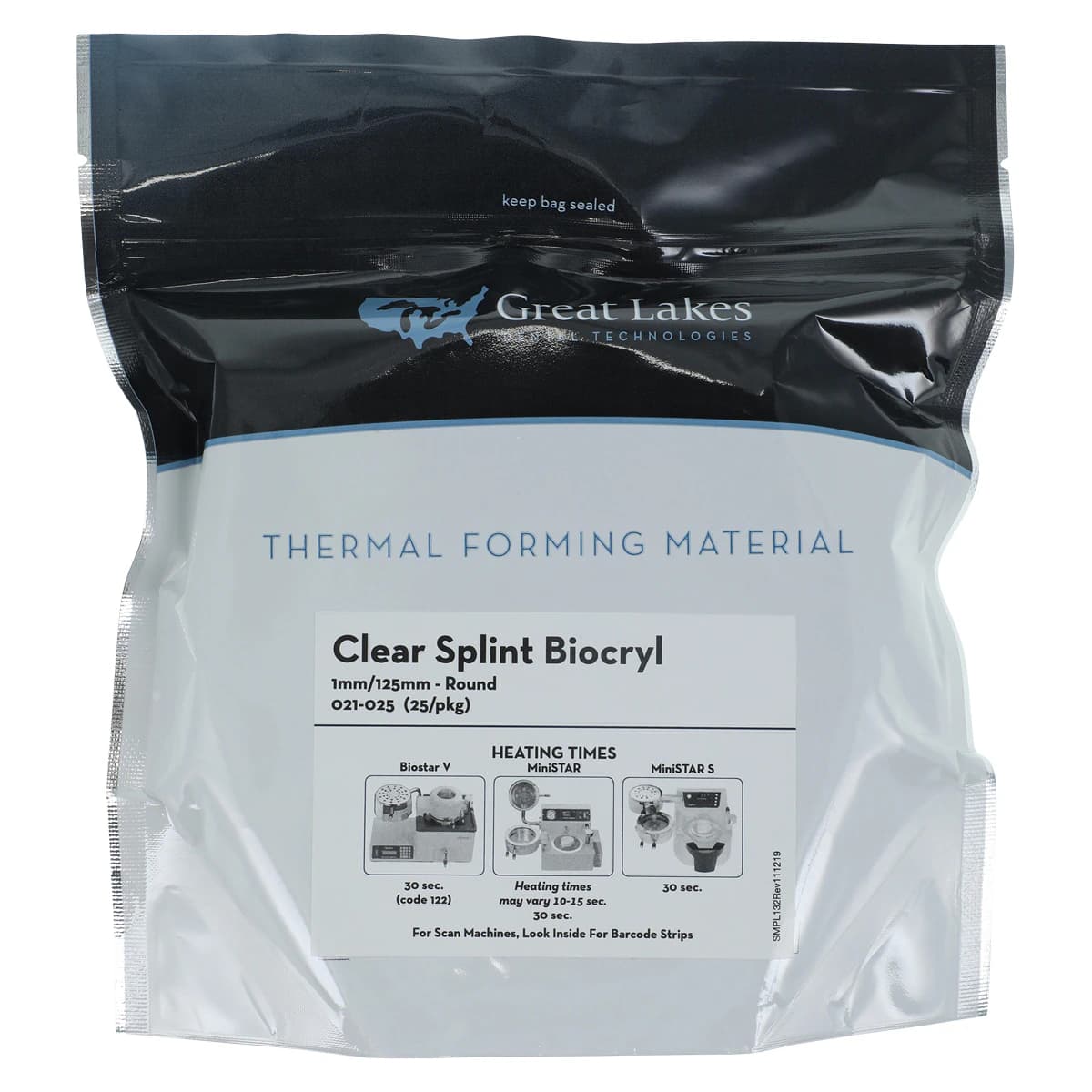 Great Lakes Splint Biocryl Clear Vacuum-Forming Splint Material, 1mm x 125mm Round, Pack of 25 - Clear Splint Biocryl 1mm/125mm Round Pack of 25 - Image 1