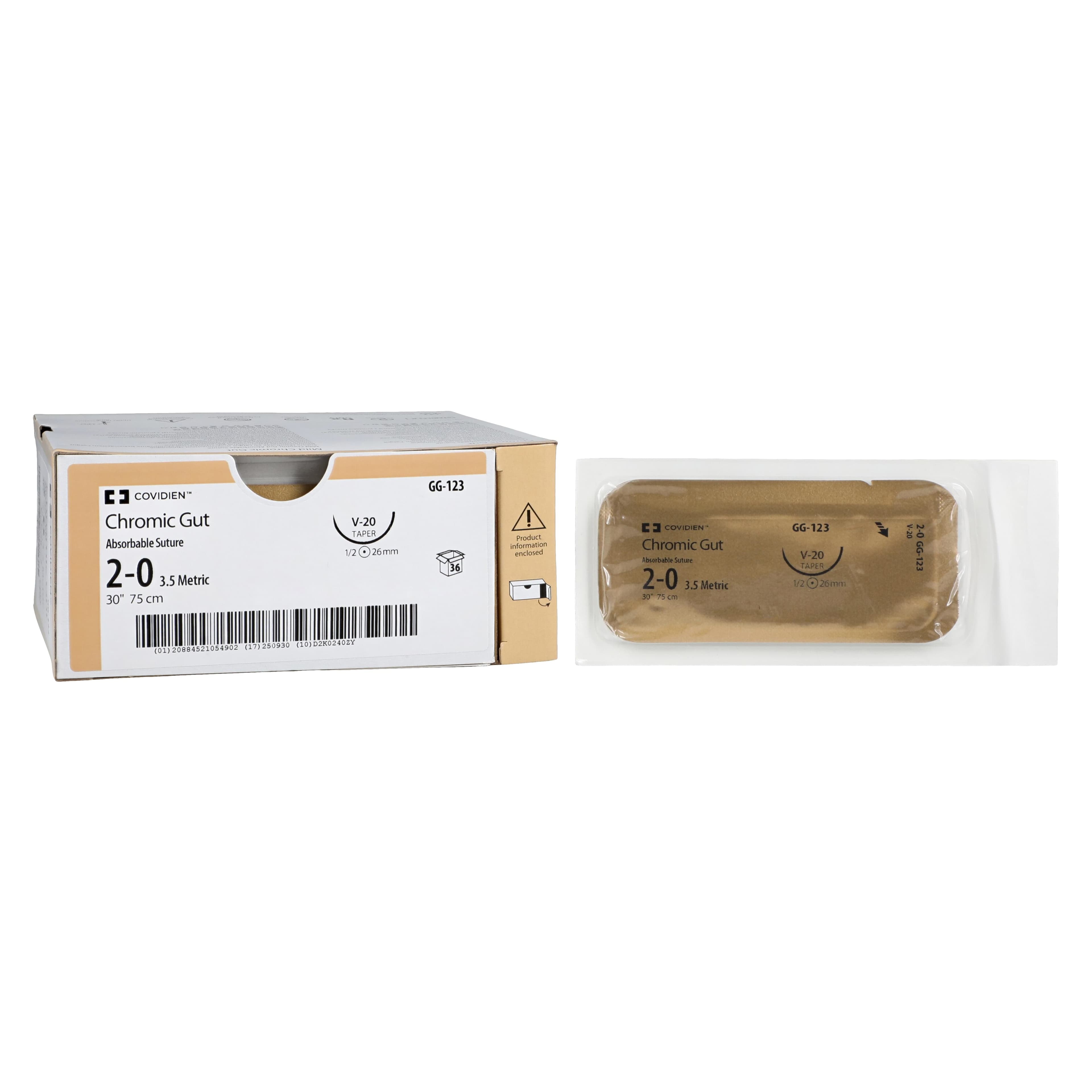 Surgigut Chromic Gut Suture, 2-0, 30", Absorbable, Undyed, V-20 Taper Point 1/2 Circle Needle 26mm, 36/Case thumbnail 2