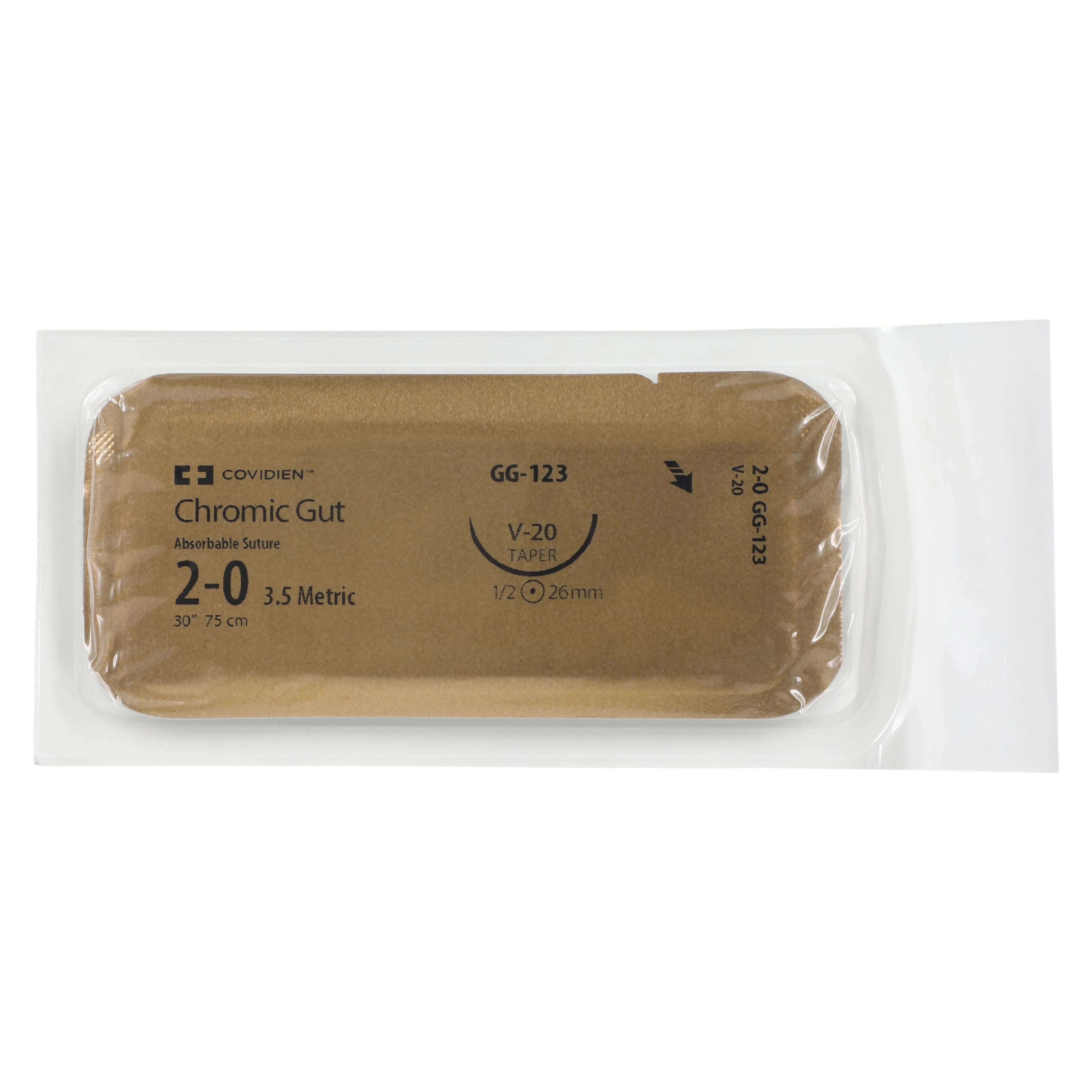 Surgigut Chromic Gut Suture, 2-0, 30", Absorbable, Undyed, V-20 Taper Point 1/2 Circle Needle 26mm, 36/Case thumbnail 3