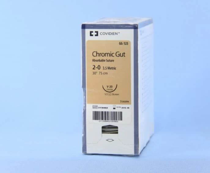 Surgigut Chromic Gut Suture, 2-0, 30", Absorbable, Undyed, V-20 Taper Point 1/2 Circle Needle 26mm, 36/Case - Suture Chromic Gut Undyed V-20 - Image 1