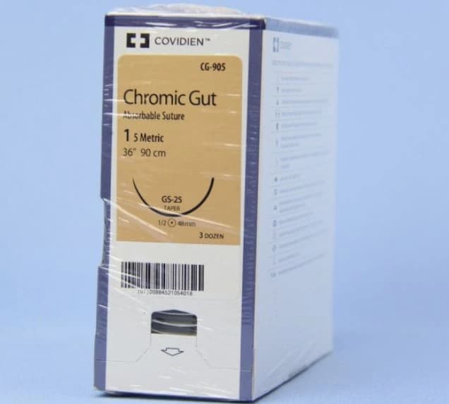 Medtronic Surgigut Chromic Gut Suture, Size 1, 36" Monofilament, Undyed, GS-25, Taper Point 1/2 Circle Needle 48mm, 36/Case - Suture Chromic Gut Undyed GS25 - Image 1