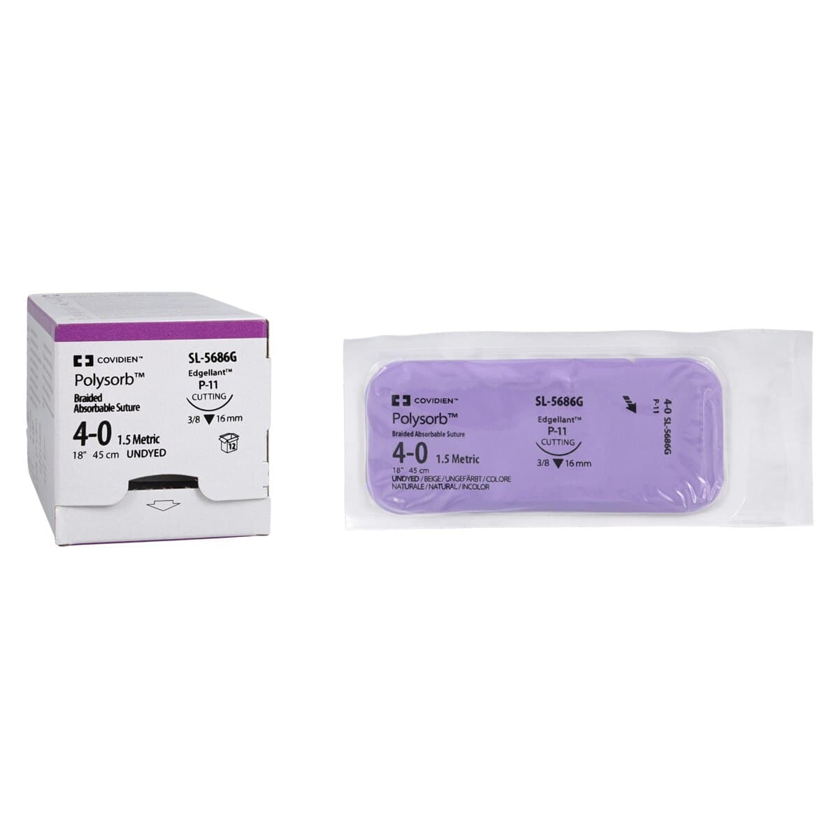 Medtronic Polysorb Absorbable Suture, 4-0, 18", P-11 Premium Reverse Cutting 3/8 Circle Needle 16mm, Undyed, 12/Case thumbnail 2