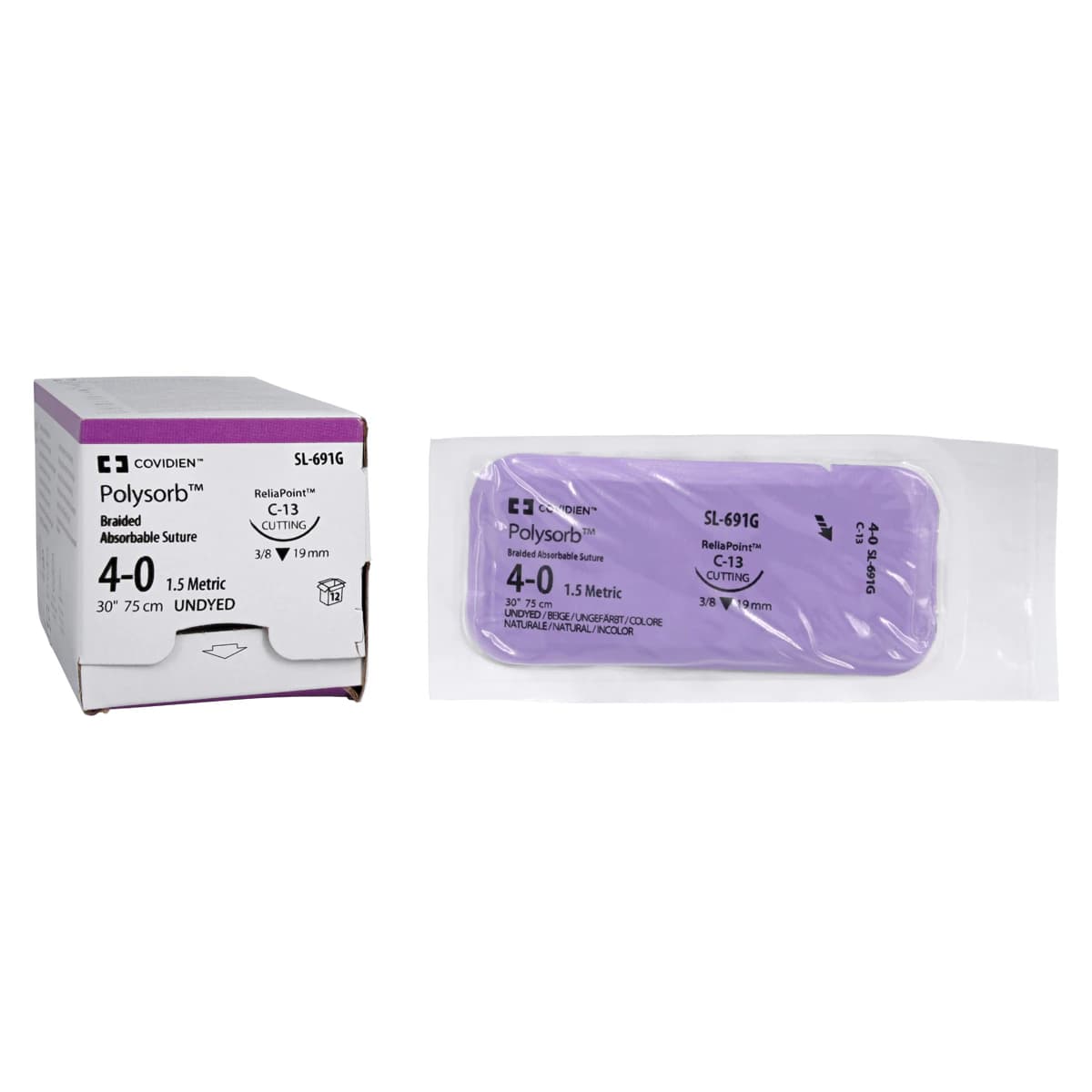 Medtronic Polysorb Absorbable Suture, 4-0, 30", C-13 Reverse Cutting 3/8 Circle Needle 19mm, Undyed, 12/Box thumbnail 2