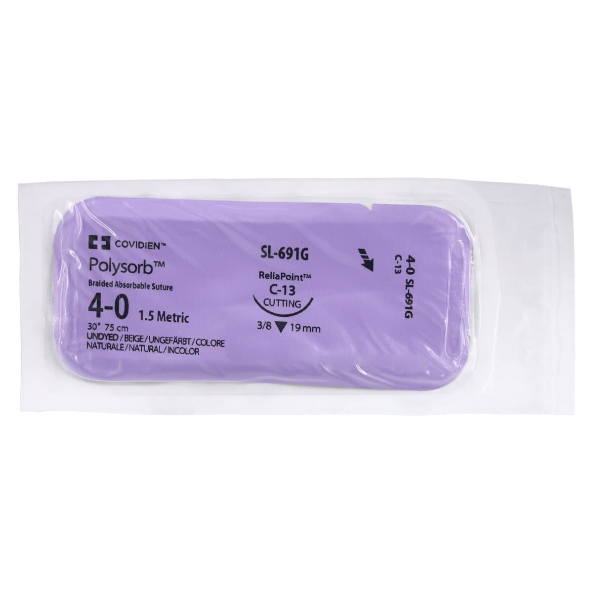 Medtronic Polysorb Absorbable Suture, 4-0, 30", C-13 Reverse Cutting 3/8 Circle Needle 19mm, Undyed, 12/Box thumbnail 3