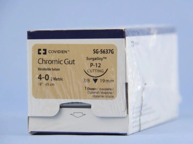 Surgigut Chromic Gut Suture, 4-0, 18", P-12 Premium Reverse Cutting 3/8 Circle Needle 19mm, Undyed, 12/Package - Suture Chromic Gut Undyed P-12 - Image 1
