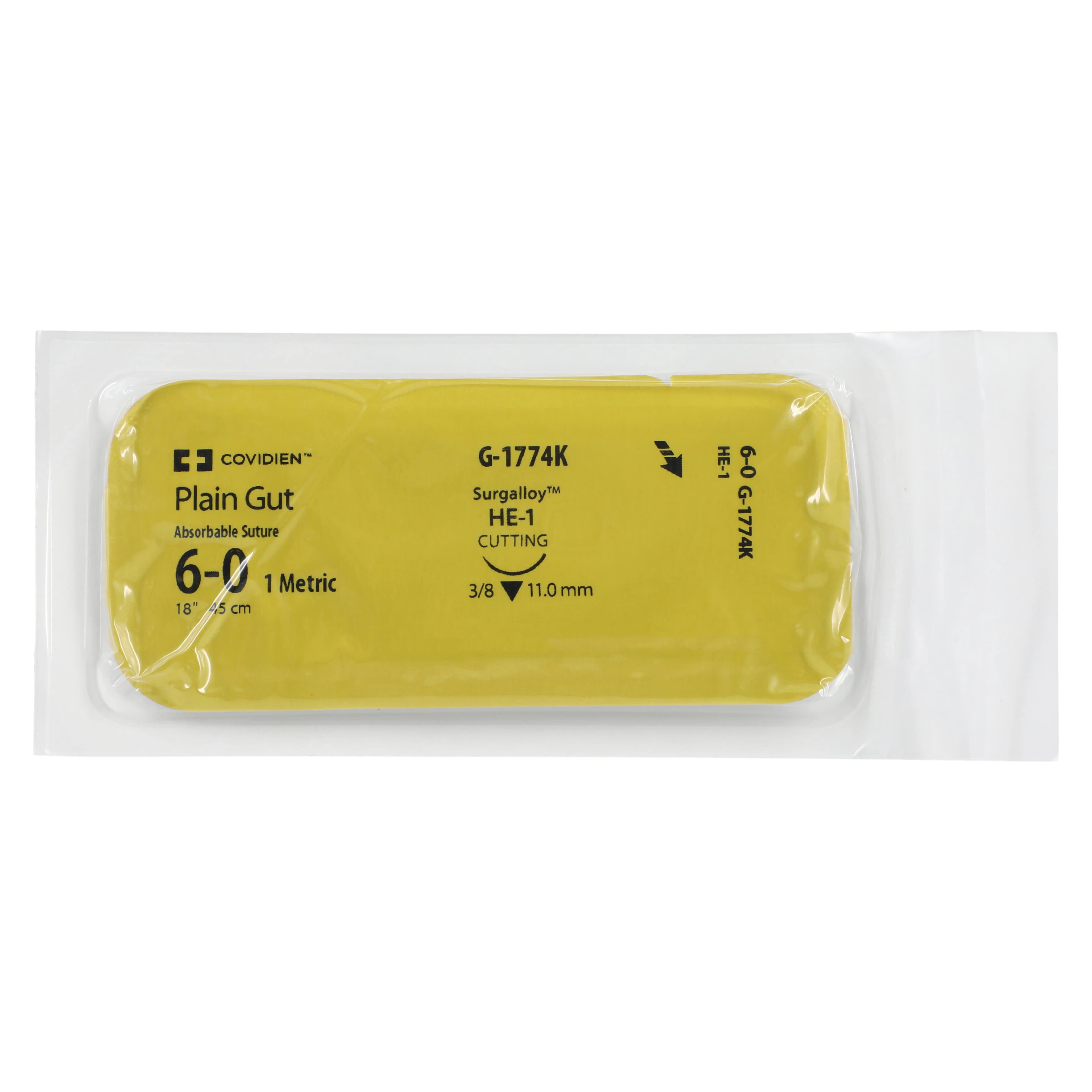 Surgigut Suture Plain Gut Monofilament 6-0, 18" Absorbable, HE-1 Reverse Cutting 3/8 Circle Needle 11mm, Uncoated Undyed, 12/Case thumbnail 3