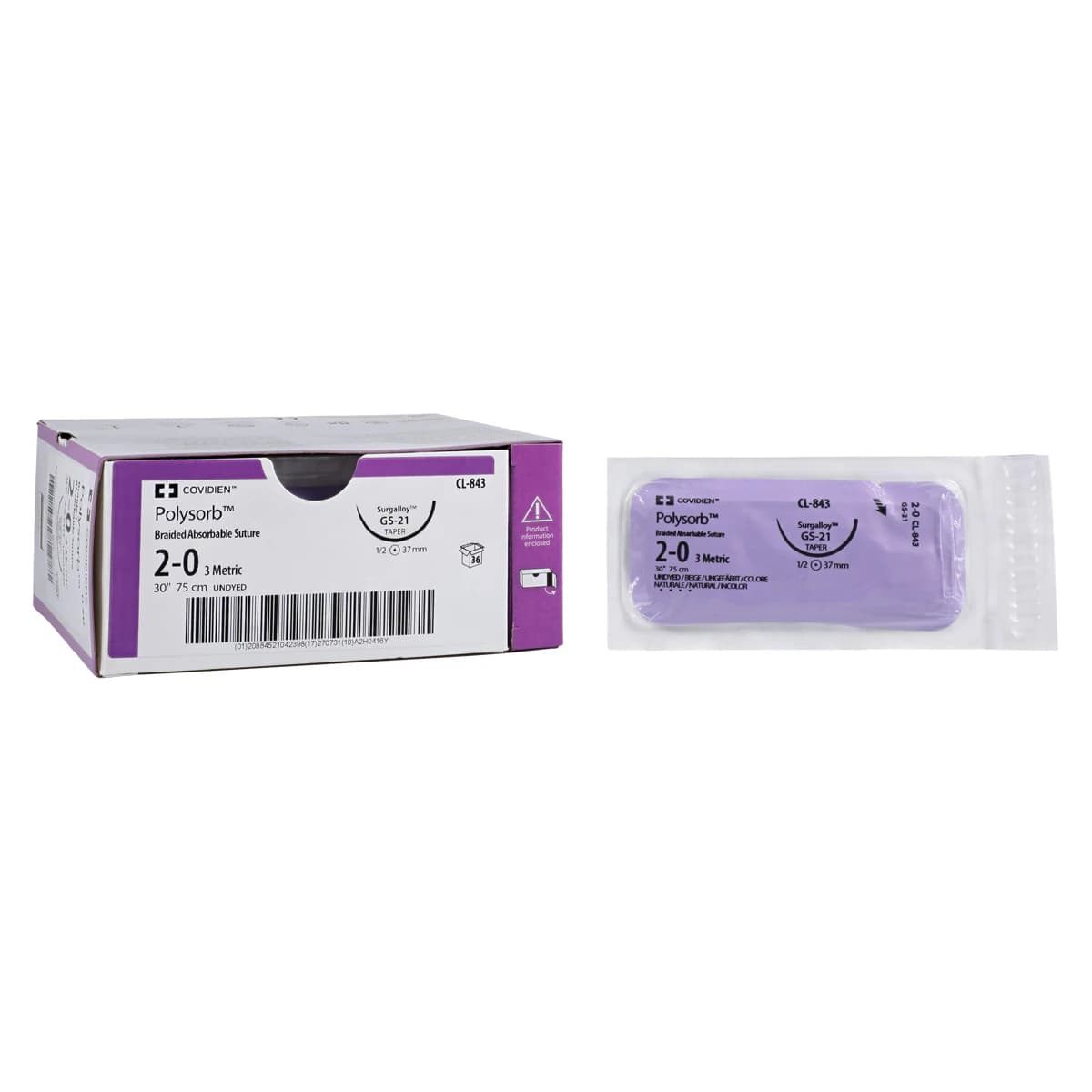 Medtronic Polysorb Suture, 2-0, 30" Polyester Braid, Absorbable, GS-21, Taper Point 1/2 Circle Needle 37mm, Coated, Undyed, 36/Case thumbnail 2