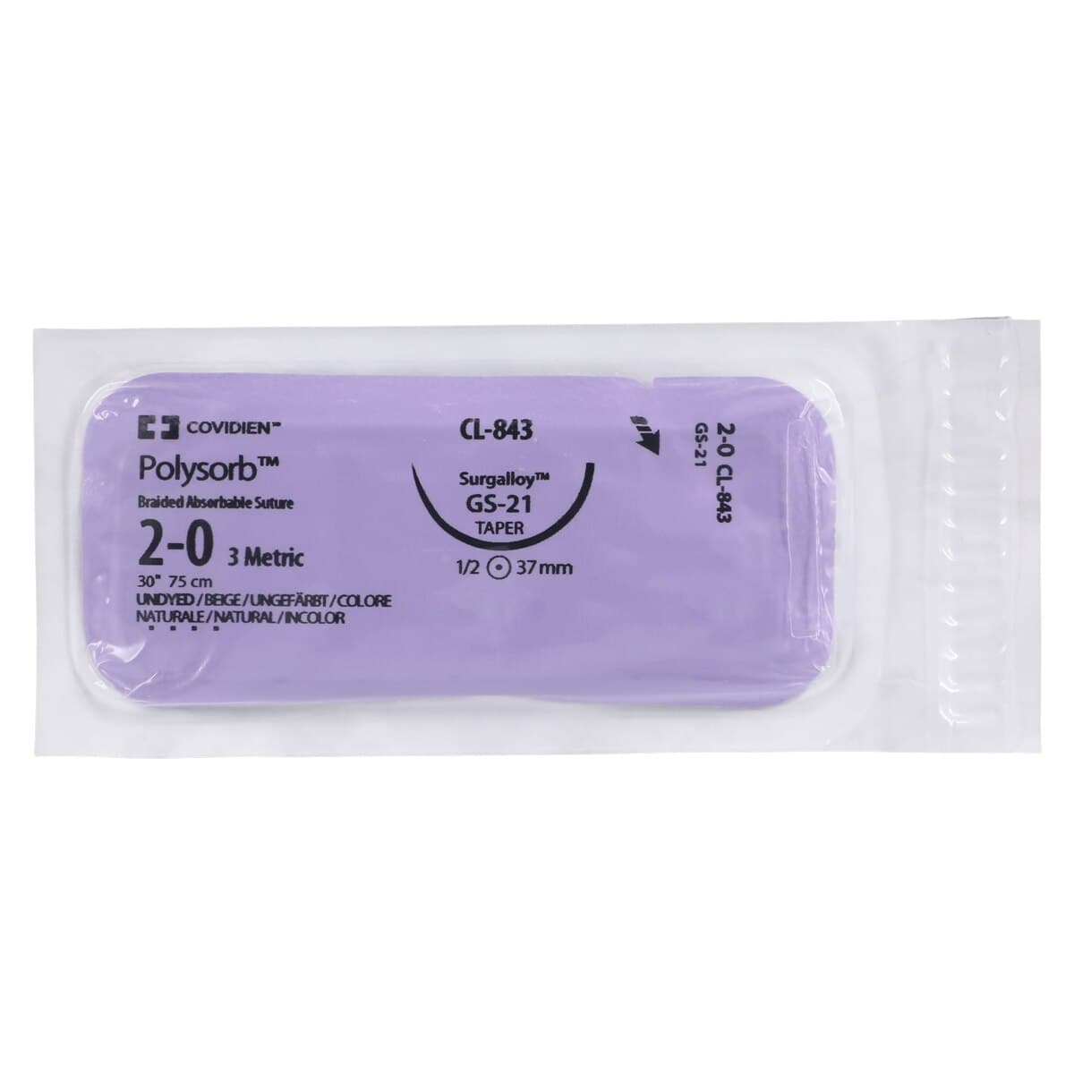 Medtronic Polysorb Suture, 2-0, 30" Polyester Braid, Absorbable, GS-21, Taper Point 1/2 Circle Needle 37mm, Coated, Undyed, 36/Case thumbnail 3
