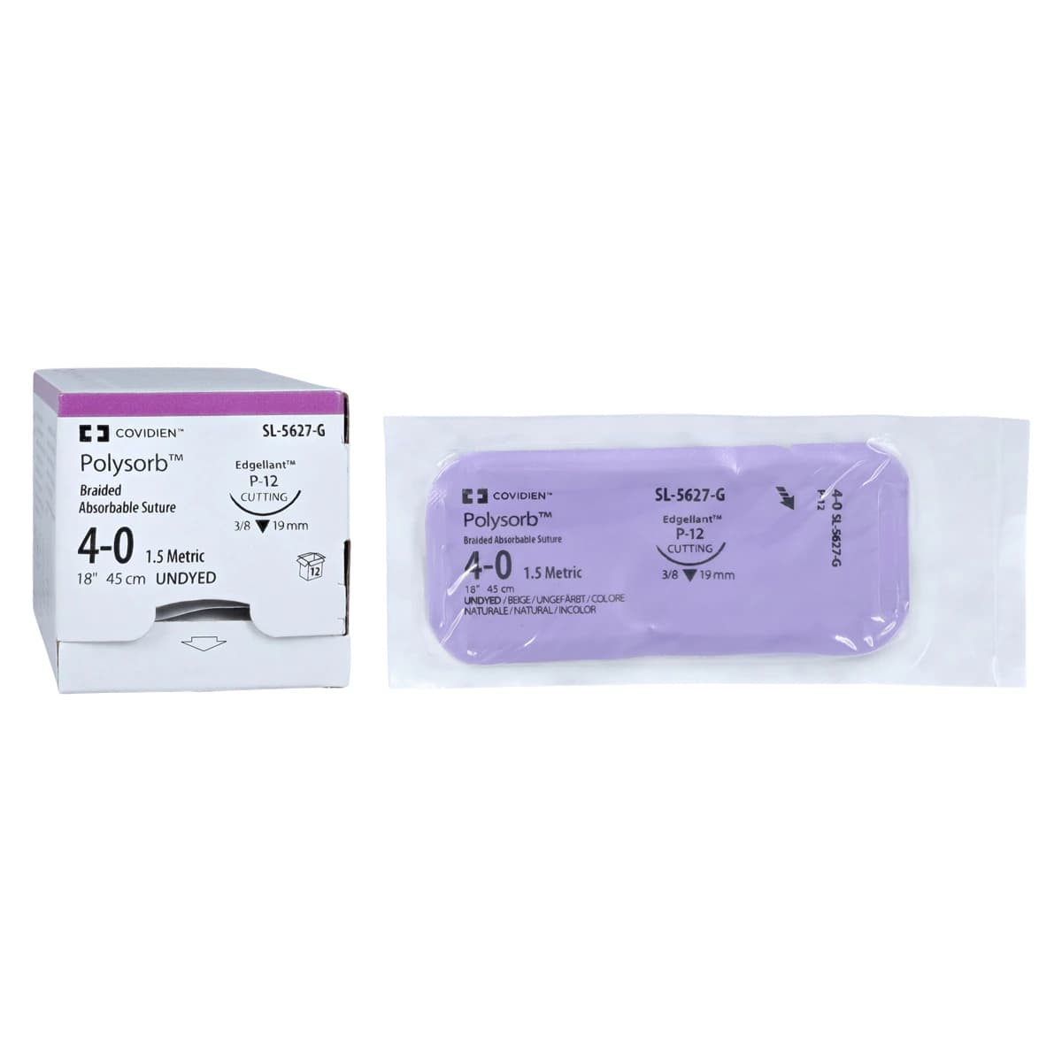 Medtronic Polysorb Absorbable Suture, 4-0, 18", P-12 Premium Reverse Cutting 3/8 Circle Needle 19mm, Undyed, 12/Box thumbnail 2