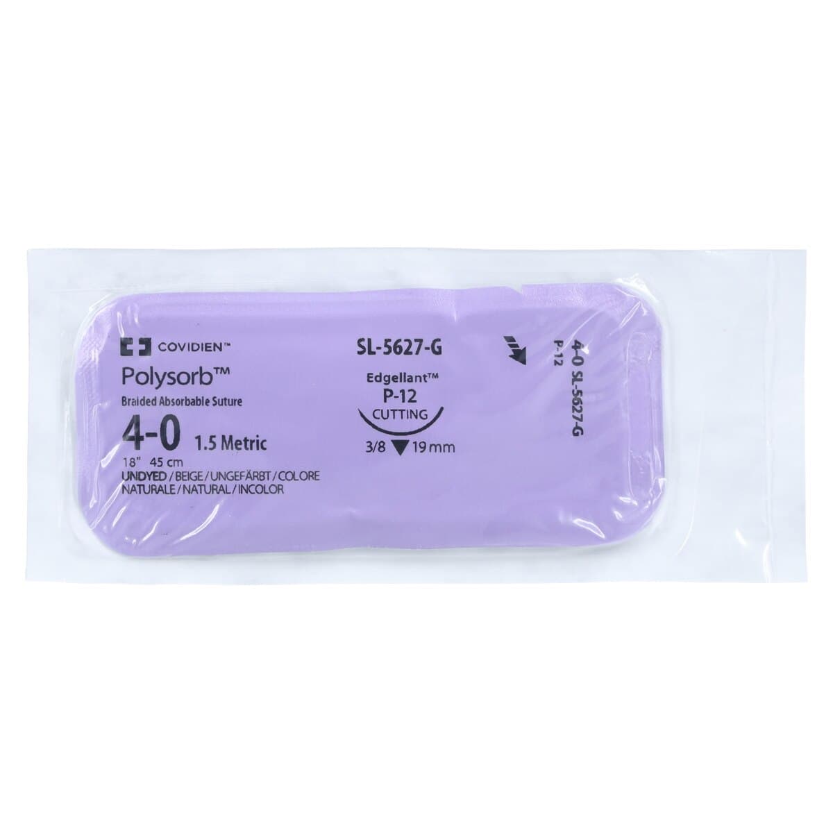 Medtronic Polysorb Absorbable Suture, 4-0, 18", P-12 Premium Reverse Cutting 3/8 Circle Needle 19mm, Undyed, 12/Box thumbnail 3