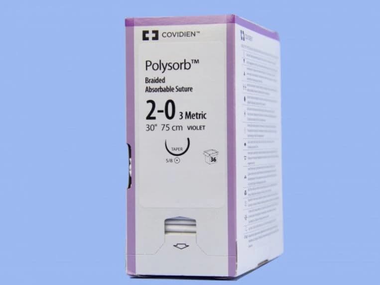 Medtronic Polysorb Absorbable Suture, 2-0, 30", GU-46 Taper Point 5/8 Circle Needle 27mm, Violet, 36/Case - Suture Polysorb Violet GU-46 - Image 1