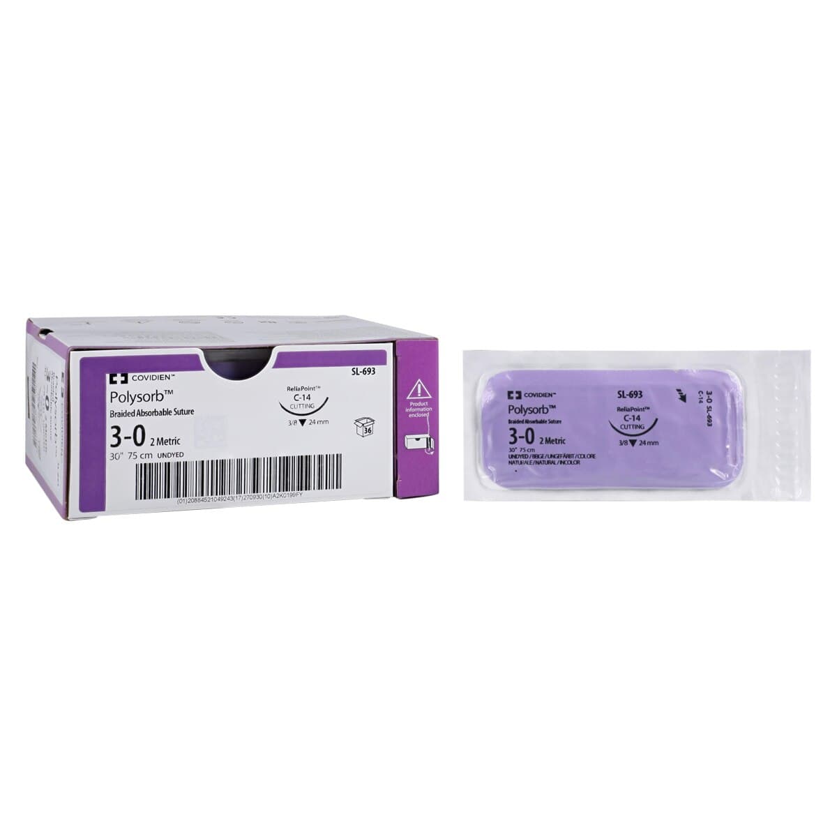 Medtronic Polysorb Absorbable Suture, 3-0, 30" Polyester Braid, C-14 Reverse Cutting 3/8 Circle Needle 24mm, Undyed, 36/Case thumbnail 2