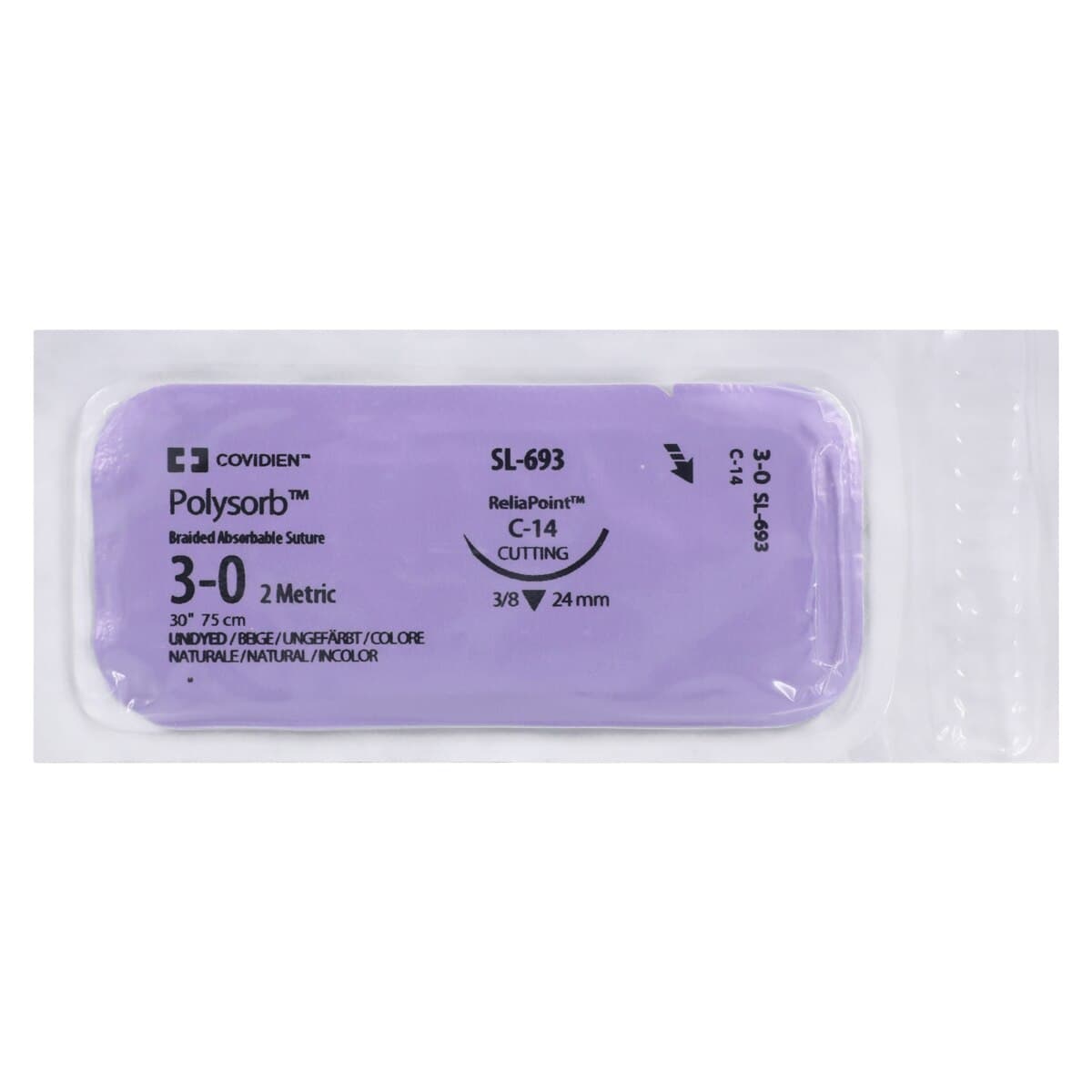 Medtronic Polysorb Absorbable Suture, 3-0, 30" Polyester Braid, C-14 Reverse Cutting 3/8 Circle Needle 24mm, Undyed, 36/Case thumbnail 3